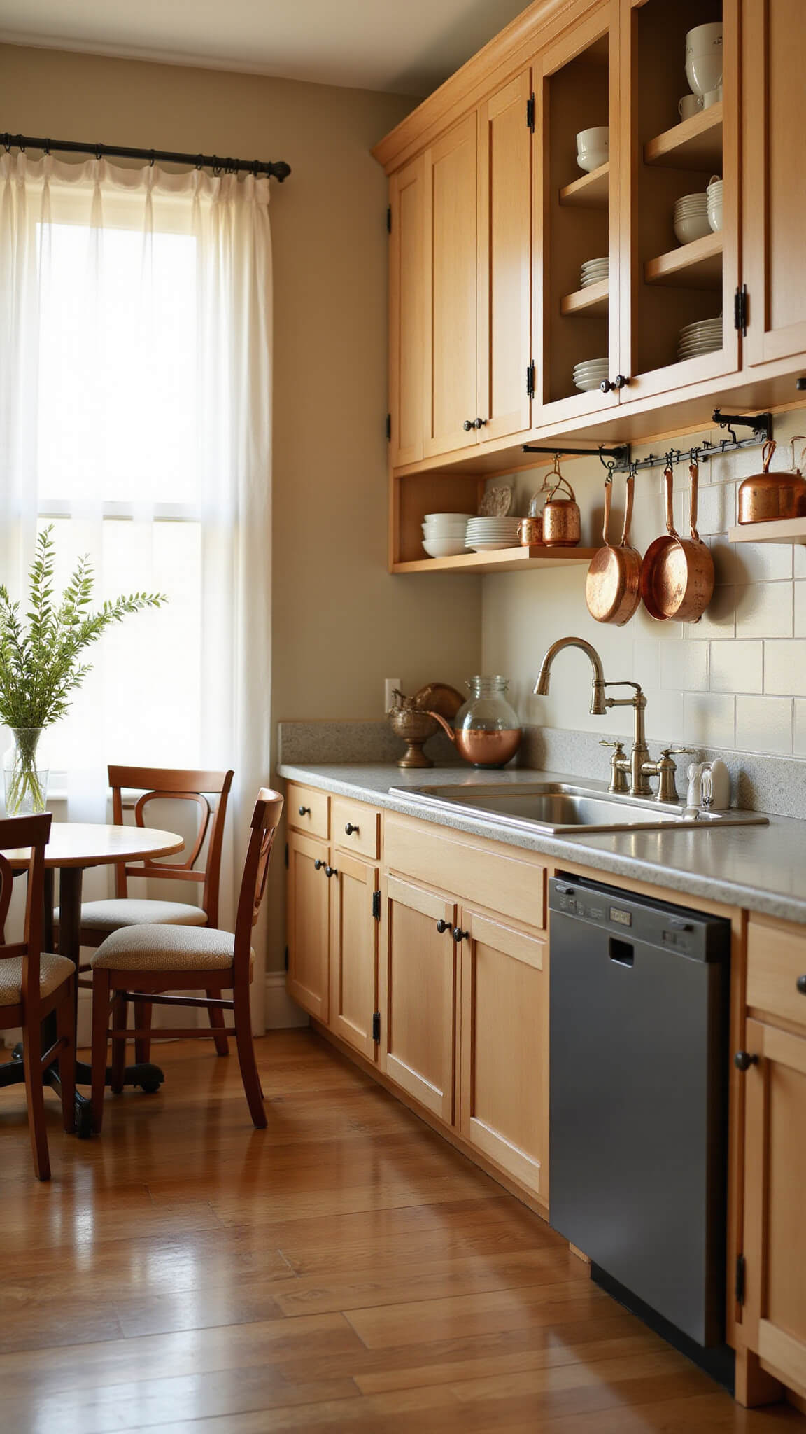 L-shaped kitchen nook with light maple cabinets, farmhouse sink, copper cookware, and a small round table with eucalyptus in golden hour light.