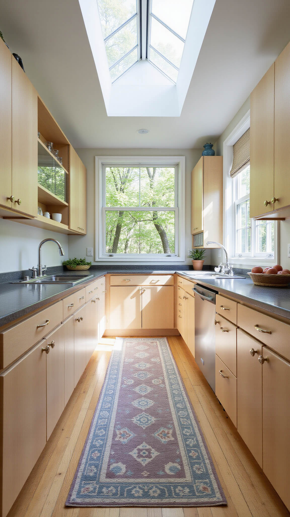 Galley kitchen with light maple cabinets, skylight lighting, vintage glassware in glass-front cabinets, a geometric runner rug, and a windowsill herb garden.