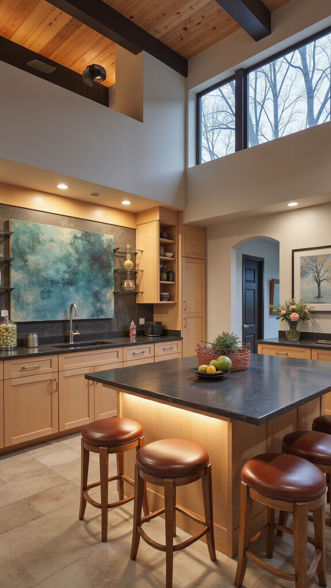Open-concept 10x10 ft kitchen with light maple cabinets, dark soapstone island, leather bar stools, under-cabinet LED lighting, and abstract blue-green painting.