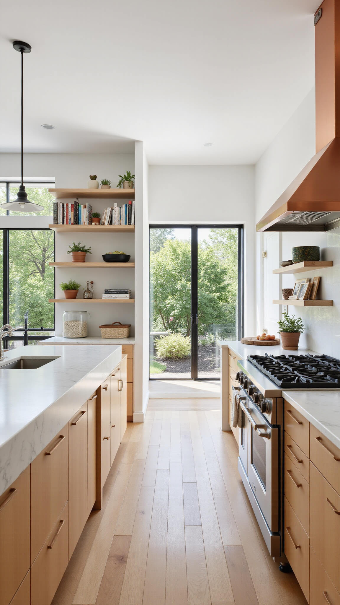 Bright kitchen with light maple cabinets, marble island, copper range hood, and wall of windows overlooking a sunlit garden.