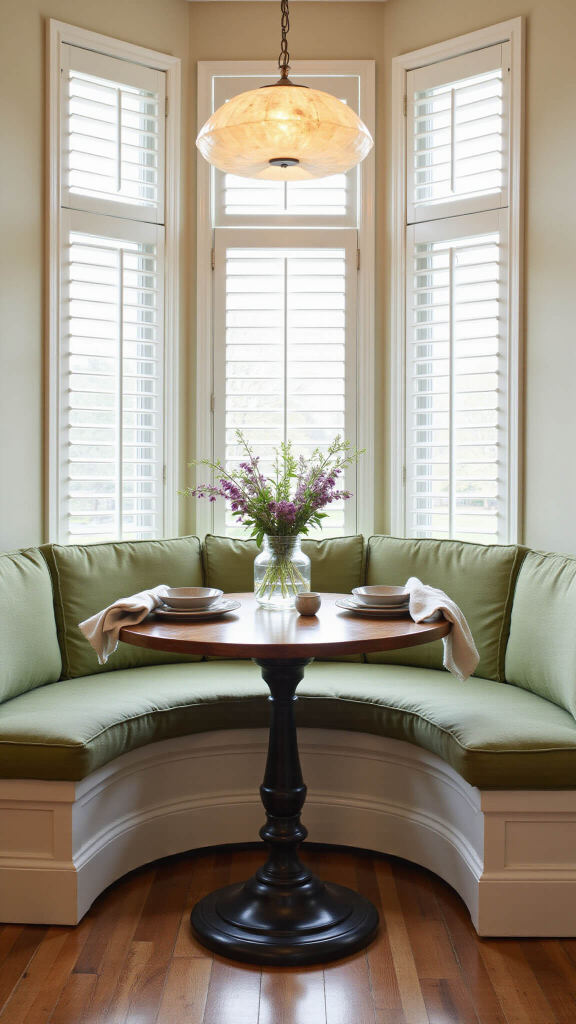Cozy breakfast nook with sage green banquette, round table set for two, capiz shell chandelier, and twilight light filtering through plantation shutters.