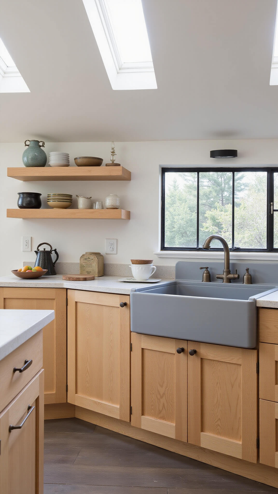 Transitional 12x18 kitchen with light maple cabinets, gray quartz waterfall island, farmhouse sink, and skylights illuminating modern and vintage decor.