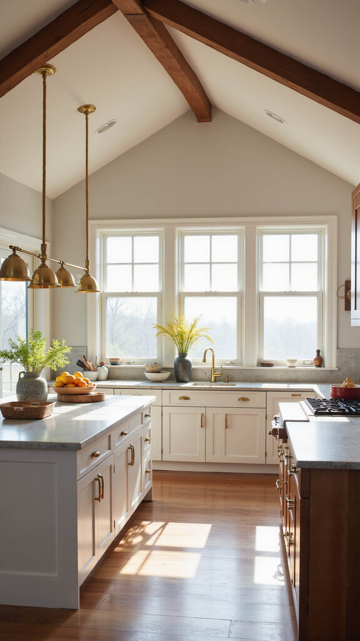 Modern farmhouse kitchen with vaulted ceilings, wooden beams, alabaster cabinets, large island, brass fixtures, and warm natural lighting at golden hour.