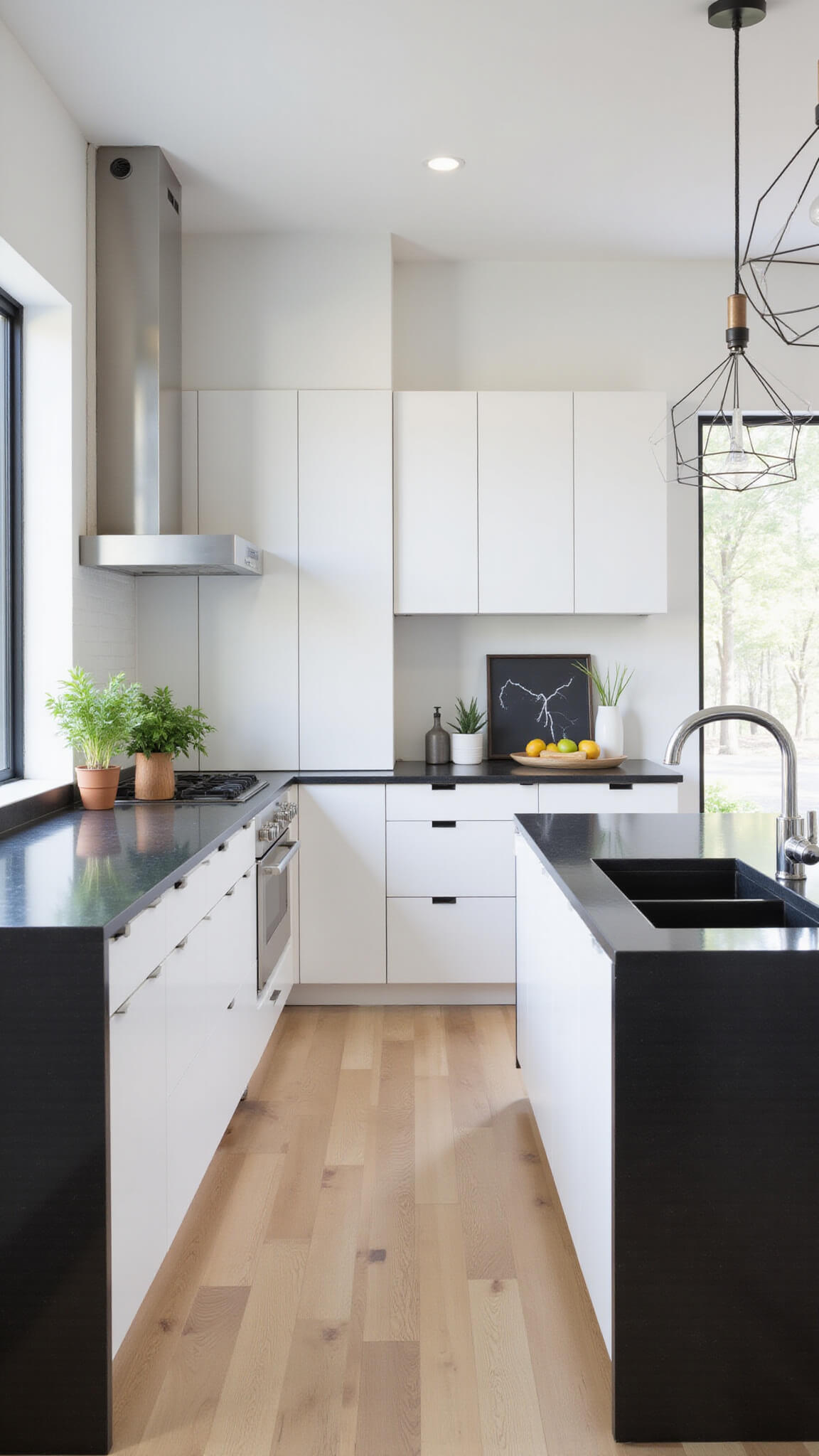 Modern minimalist kitchen with alabaster cabinets, black quartz waterfall island, and chrome fixtures, bathed in soft morning light.