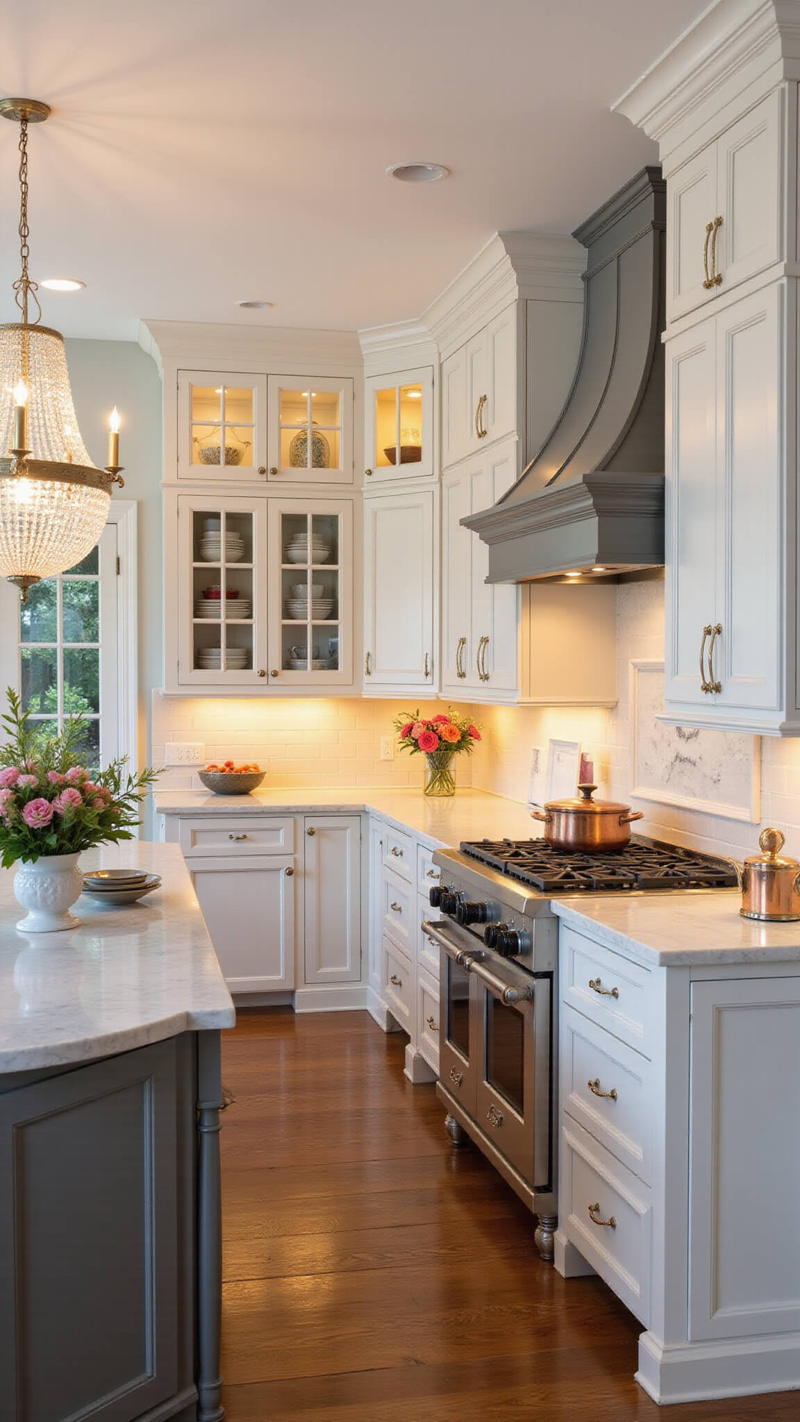 Elegant traditional kitchen with alabaster Shaker cabinets, marble countertops, crystal chandelier, ornate range hood, and copper accents, viewed from a slightly elevated angle with warm evening lighting.