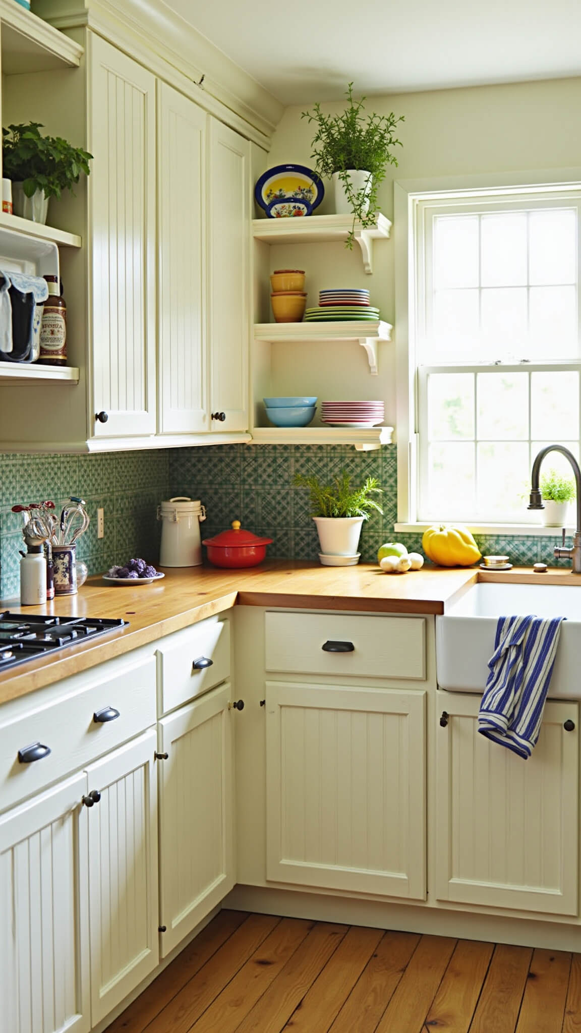 Close-up of a cozy cottage kitchen with alabaster beadboard cabinets, butcher block countertops, patterned tile backsplash, open shelves displaying colorful dishes, and potted herbs adding warmth and charm.