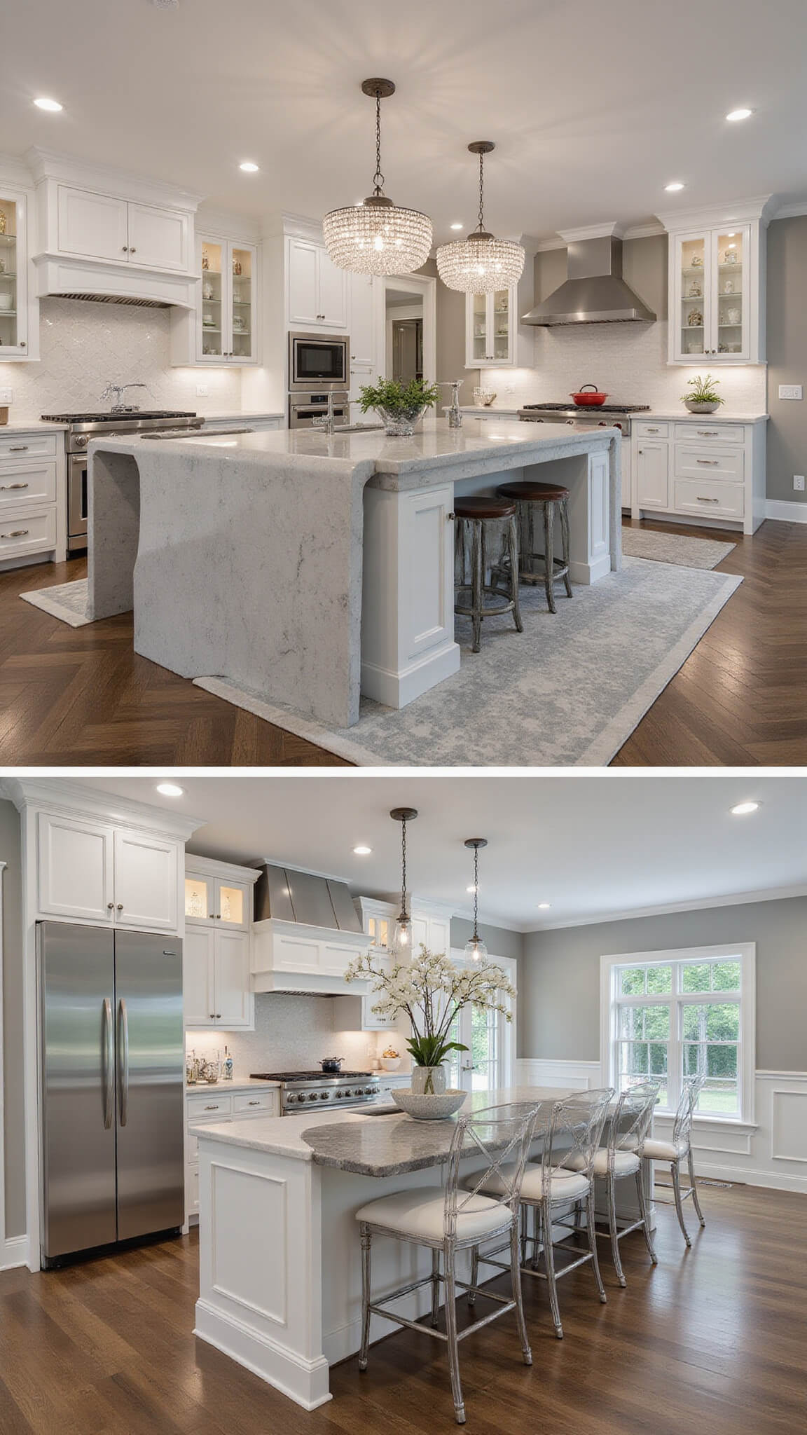 Panoramic view of a luxe transitional kitchen at dusk with alabaster cabinets, grey quartz waterfall island, lucite stools, crystal accents, and dramatic accent lighting on herringbone wood floors.