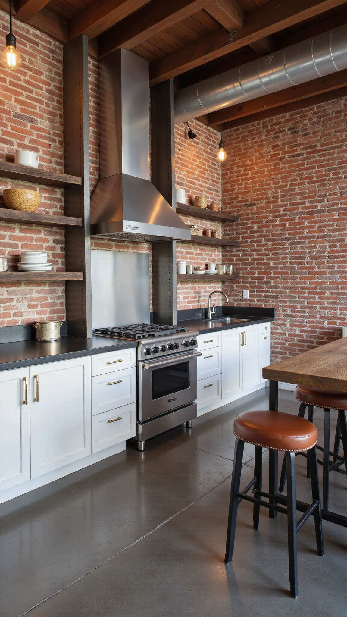 Wide-angle view of an industrial-chic loft kitchen with alabaster cabinets, exposed brick walls, concrete floors, and dramatic late-afternoon shadows.