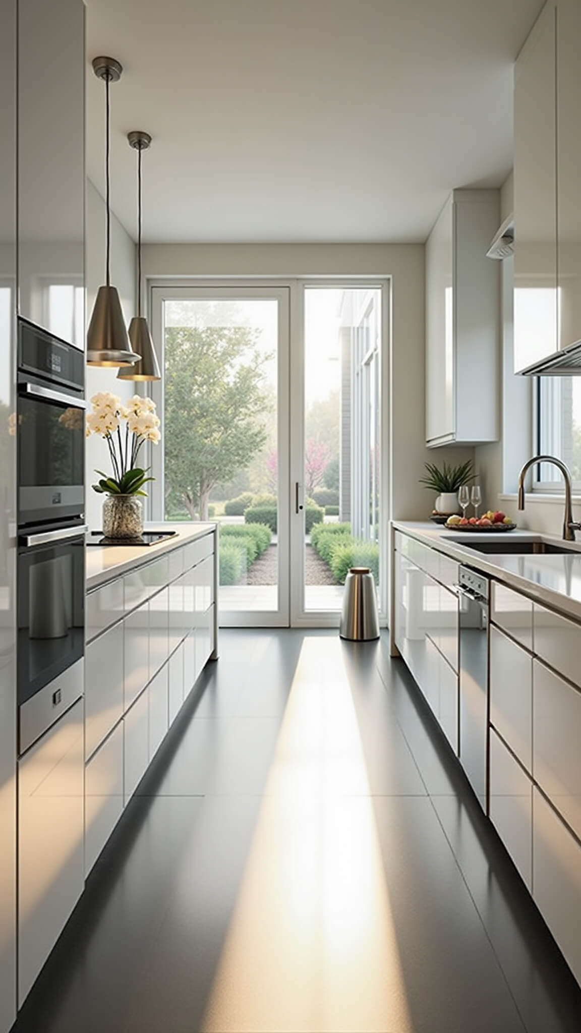 Modern white kitchen with glossy cabinets, central waterfall island, stainless steel appliances, and natural light from large windows.