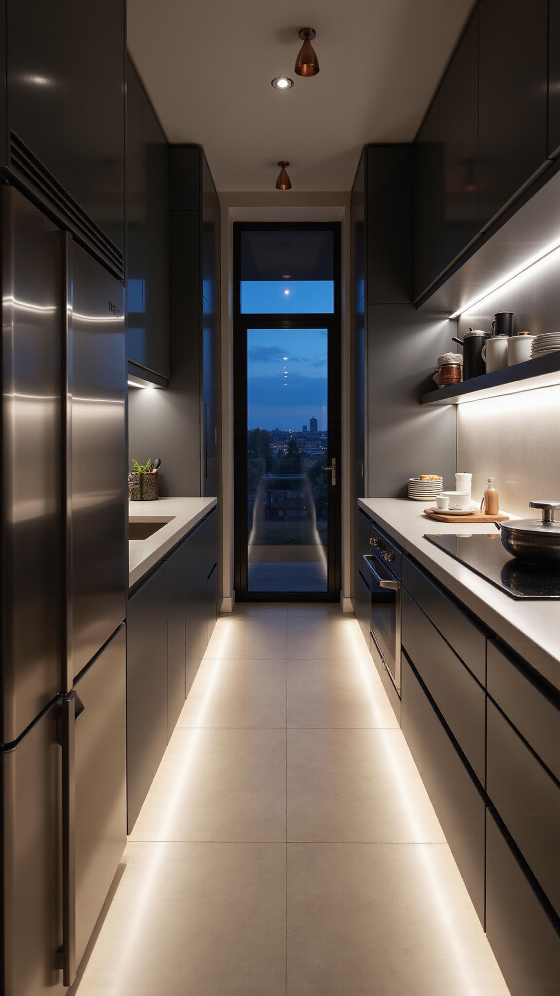 Narrow galley kitchen at dusk with glossy smoky grey cabinets, under-cabinet LED lighting, stainless steel appliances, copper accents, and cream tile flooring.