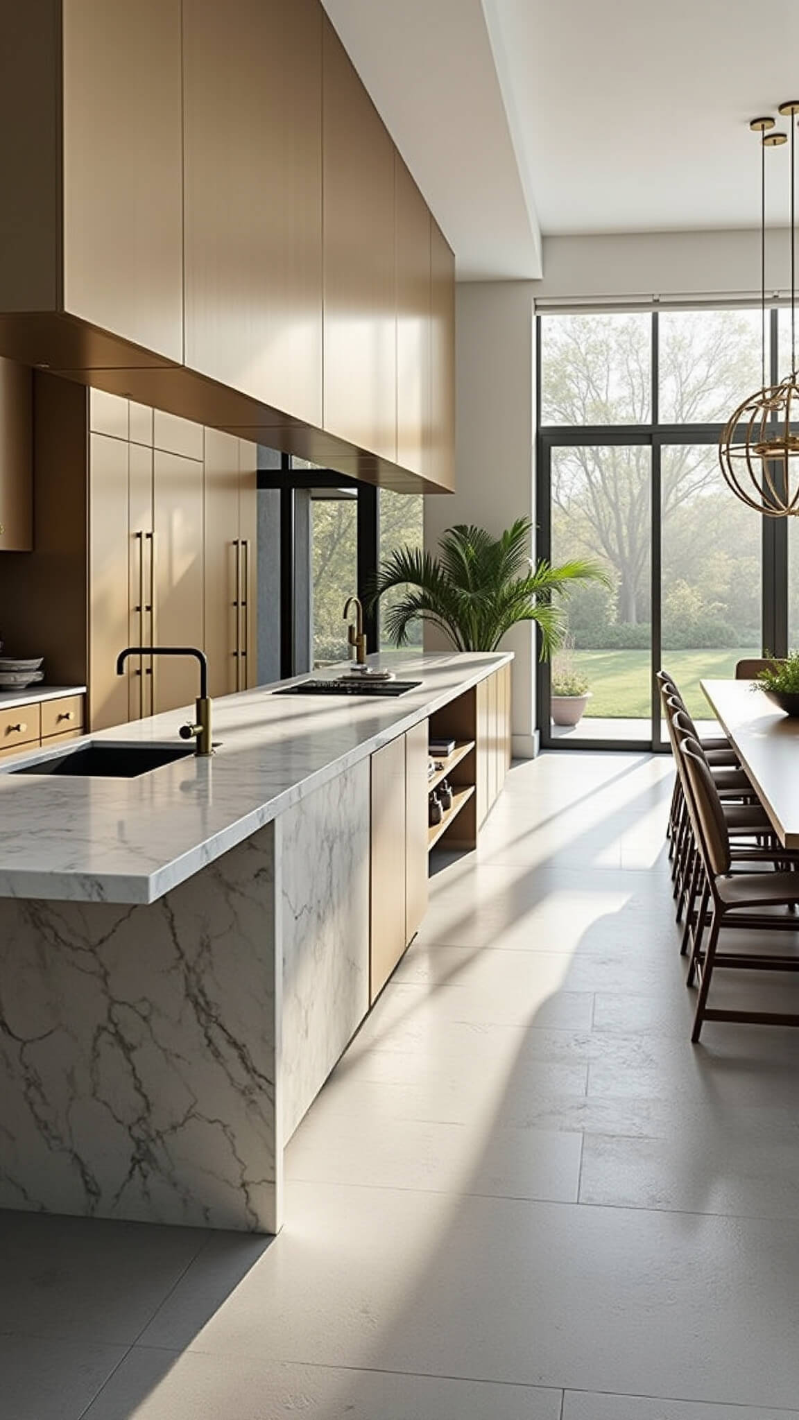 Open-concept kitchen and dining area with metallic champagne cabinets, marble waterfall island, brass fixtures, grey porcelain floors, modern chandelier, and greenery in planters, bathed in soft afternoon light.