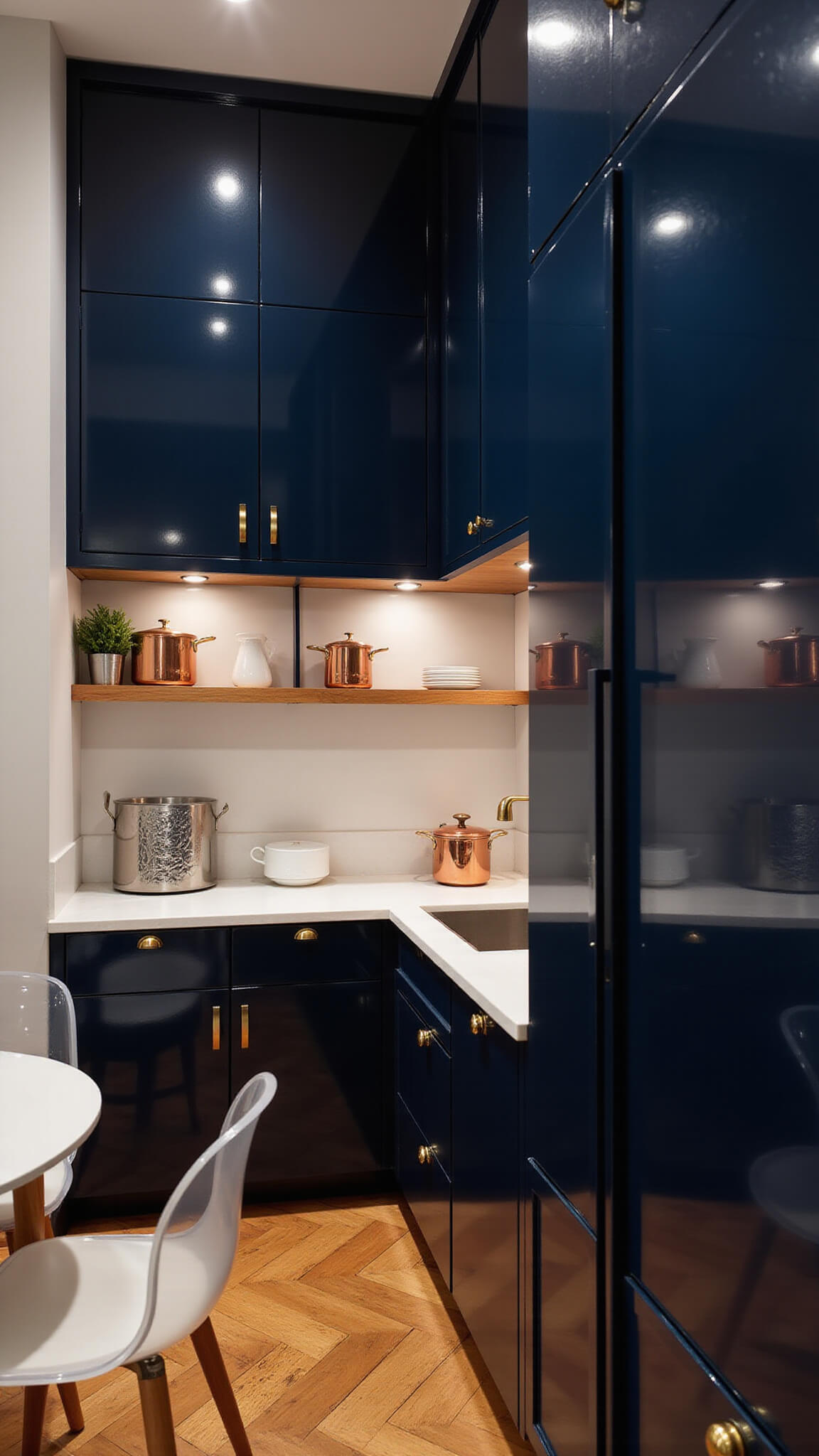 Compact urban kitchen at night with glossy navy cabinets, gold hardware, white quartz surfaces, copper cookware on open shelves, and herringbone wood floor lit by recessed lighting.