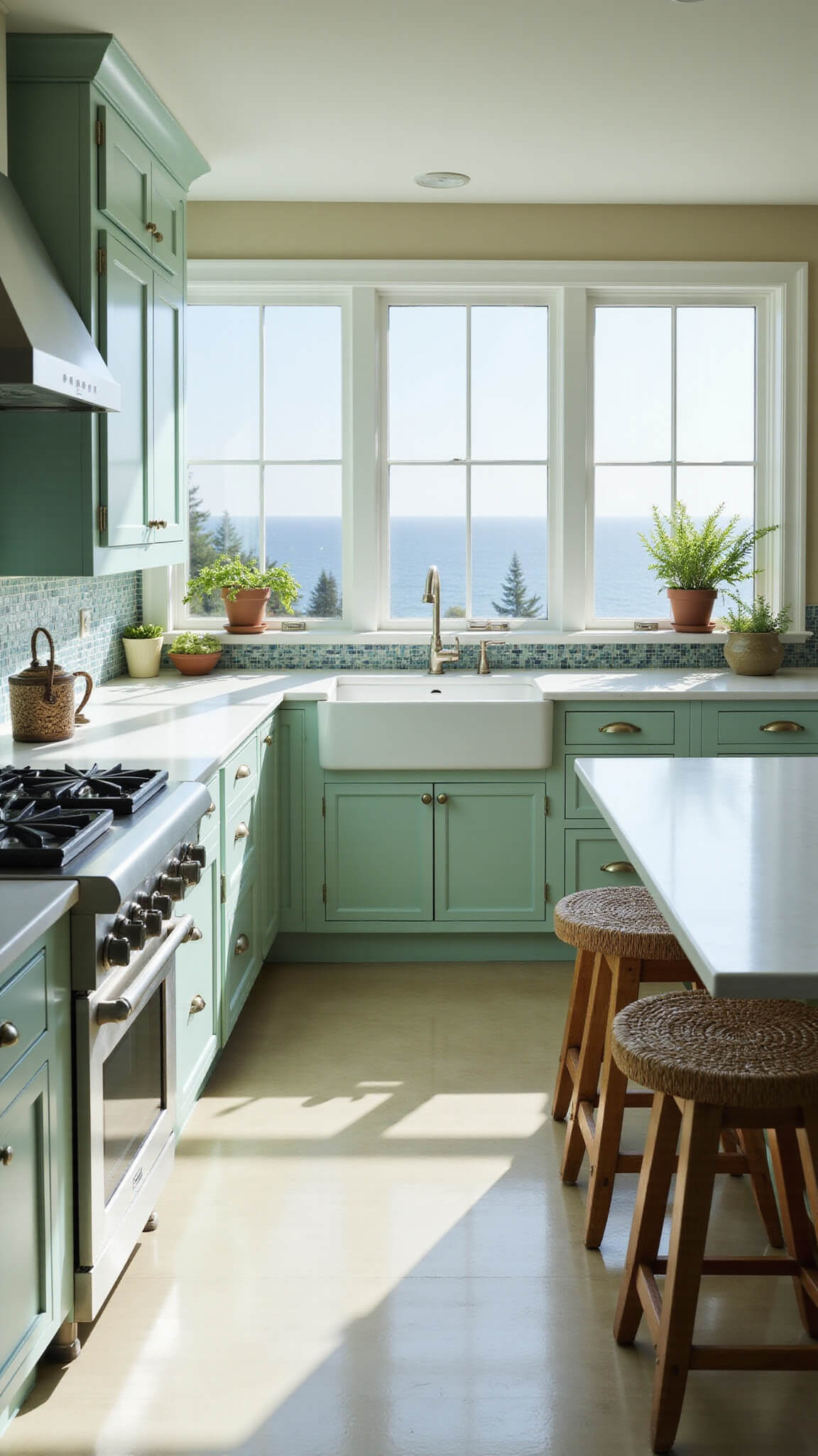 Sunlit coastal kitchen with seafoam green glossy cabinets, white quartz countertops, mosaic blue-green backsplash, rattan bar stools, and ocean view through large windows.