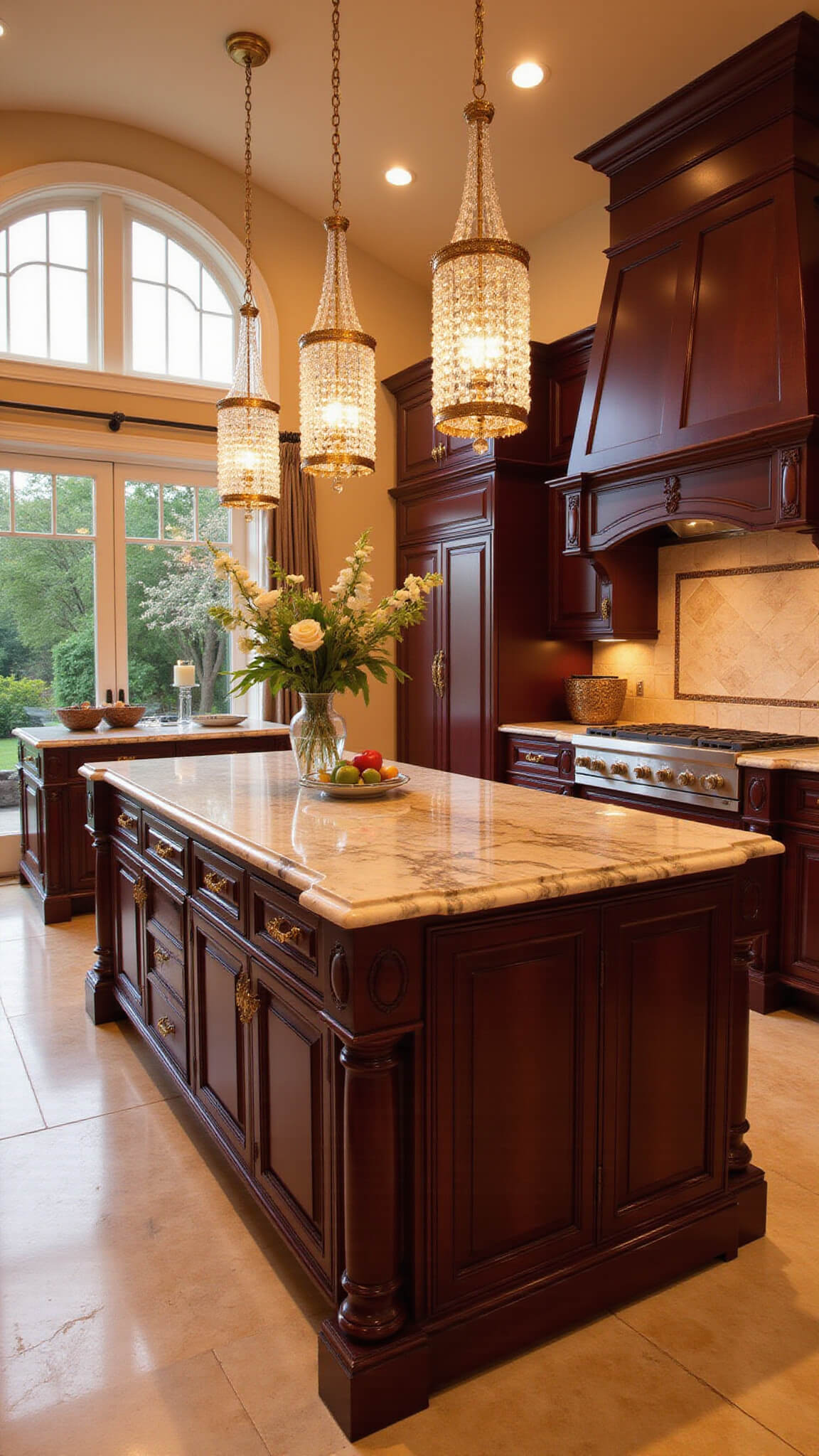 Luxurious kitchen at golden hour with glossy burgundy cabinets, gold hardware, a large veined marble island, crystal chandeliers, cream tile flooring, and garden-view windows.