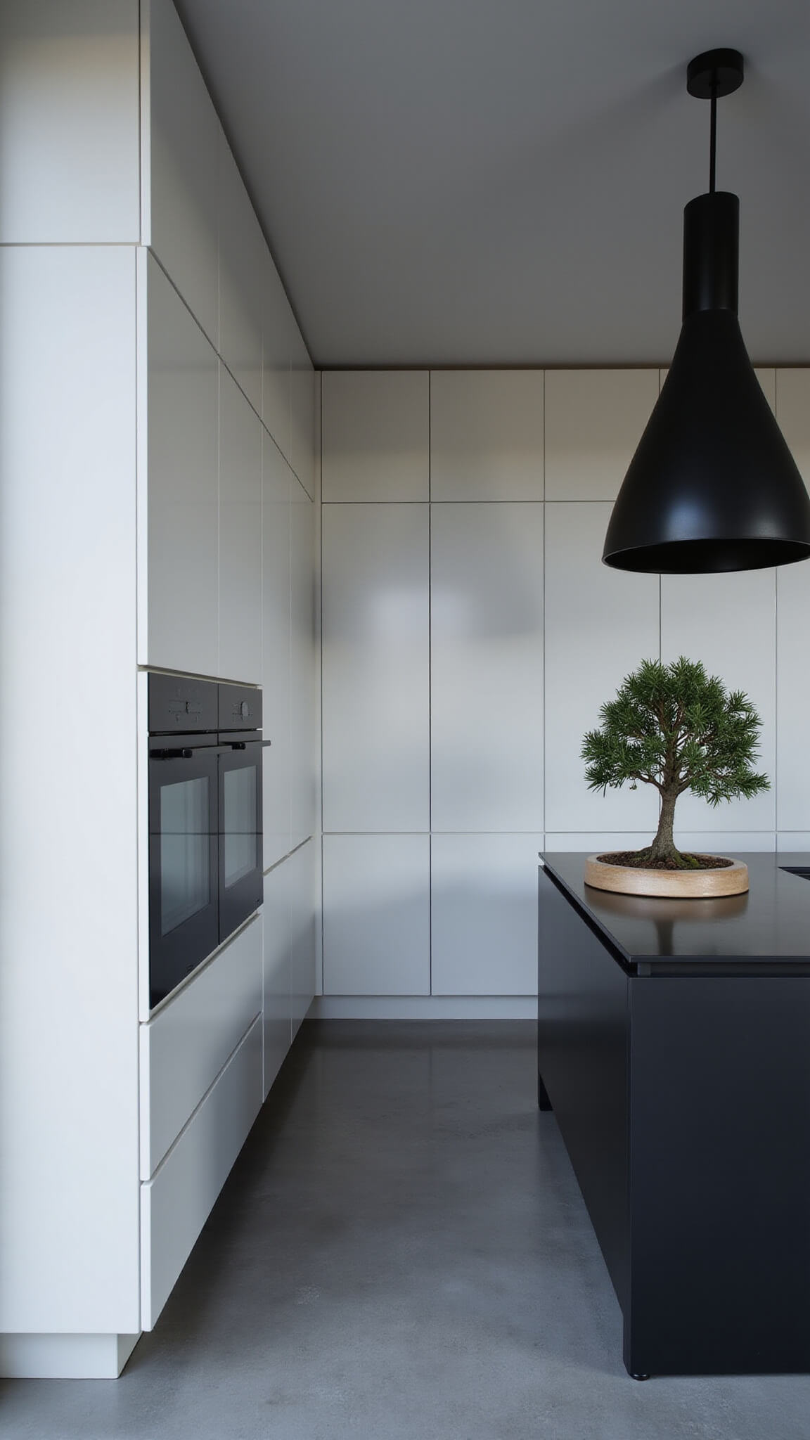 Minimalist white and black kitchen with glossy cabinets, matte black island, polished grey concrete floor, and a bonsai tree under soft morning light.