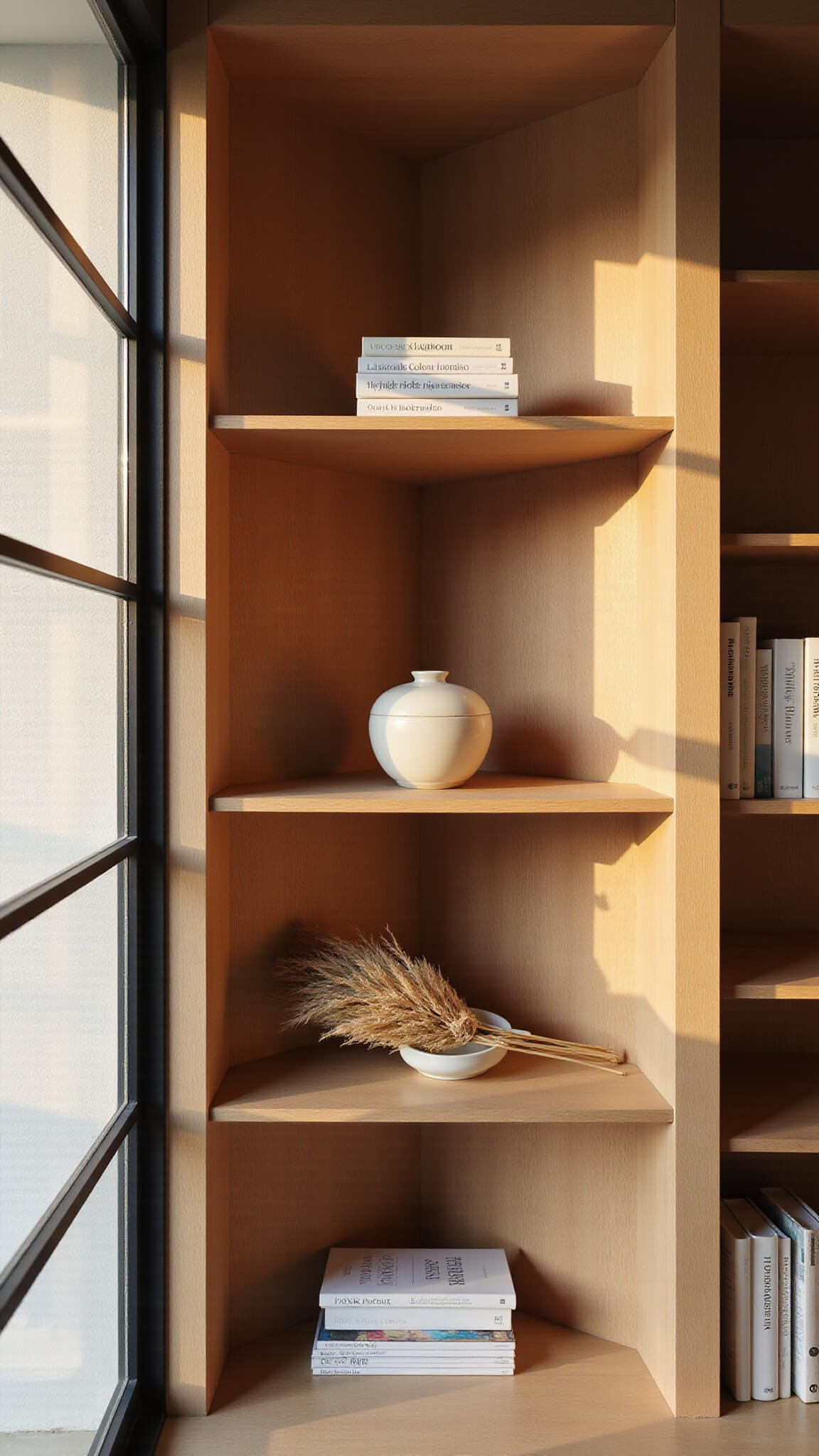 Japandi-style study nook with ash wood shelving, white books, cream pottery, and pampas grass bathed in golden hour light through black-framed windows.