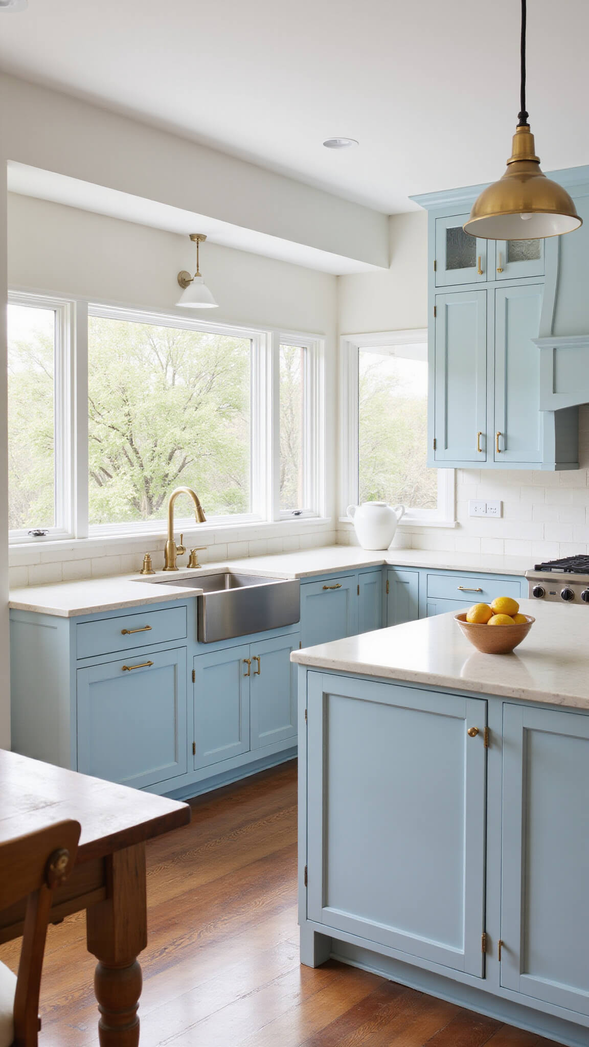 Bright 12x15ft kitchen with powder blue cabinets, marble island, rustic wooden table, brass accents, and morning light through large east-facing windows.