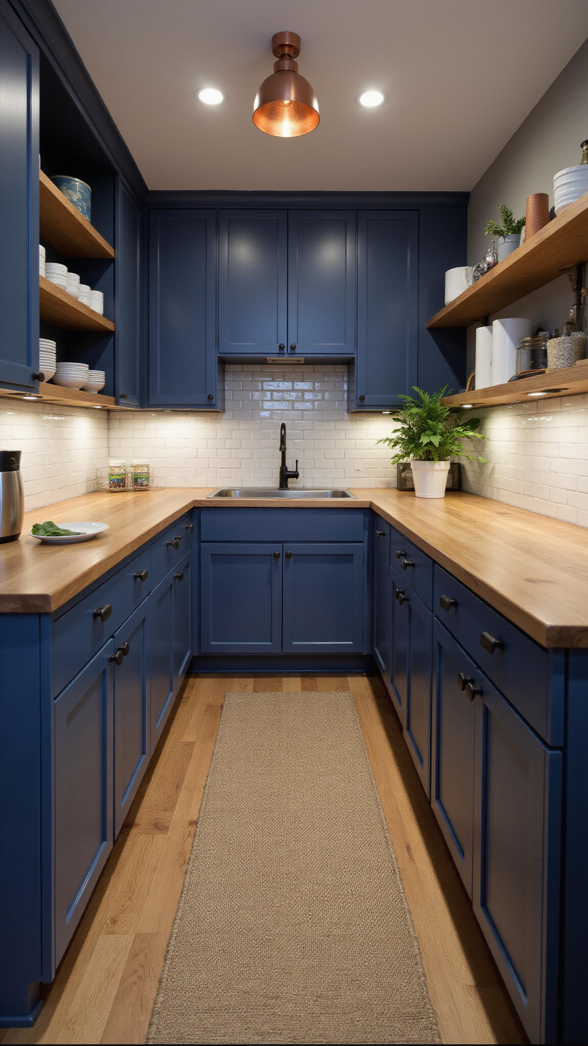Cozy galley kitchen with maritime blue cabinets, copper pendant light, butcher block countertops, and open shelving displaying white ceramics and copper cookware.