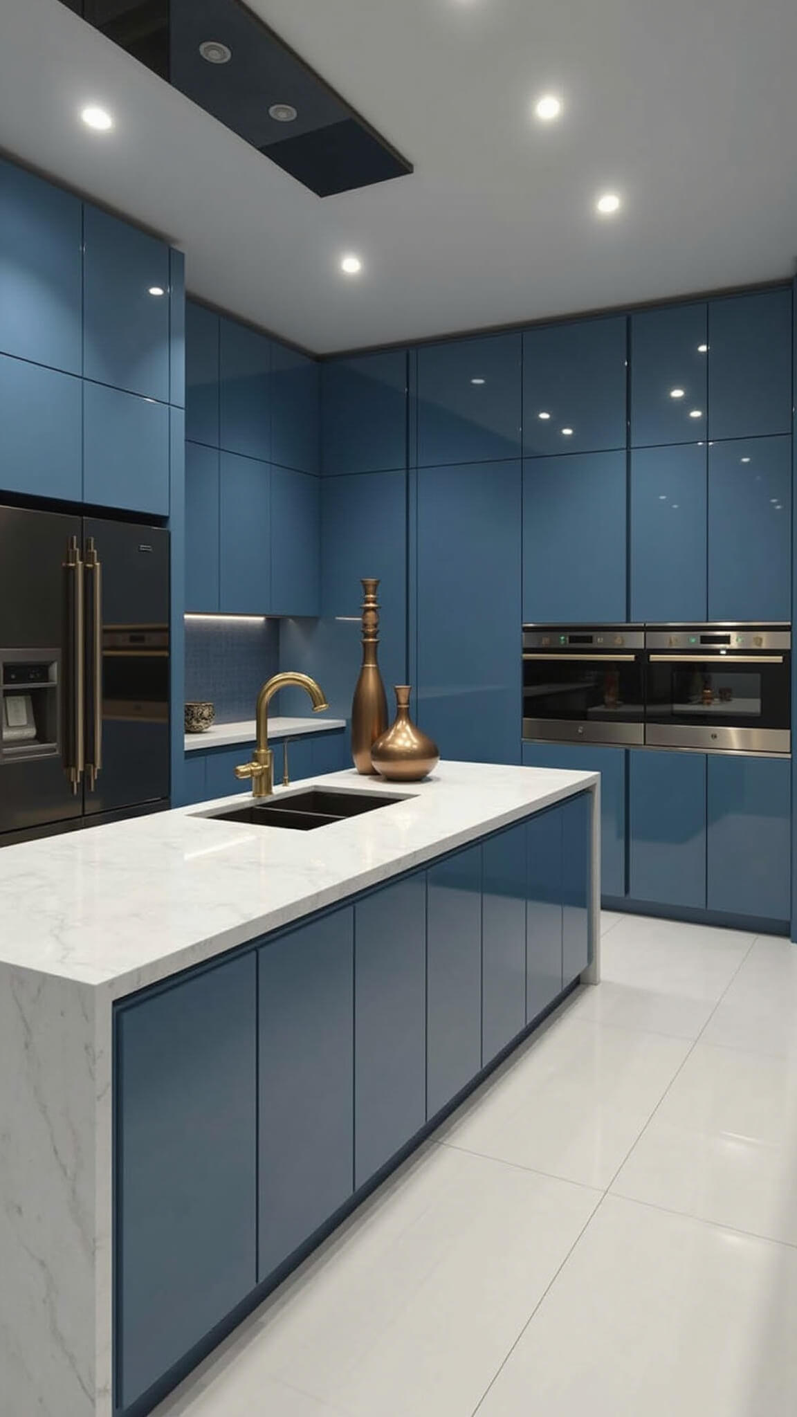 Contemporary powder blue kitchen at night with recessed lighting, waterfall quartz island, and minimalist bronze accents.