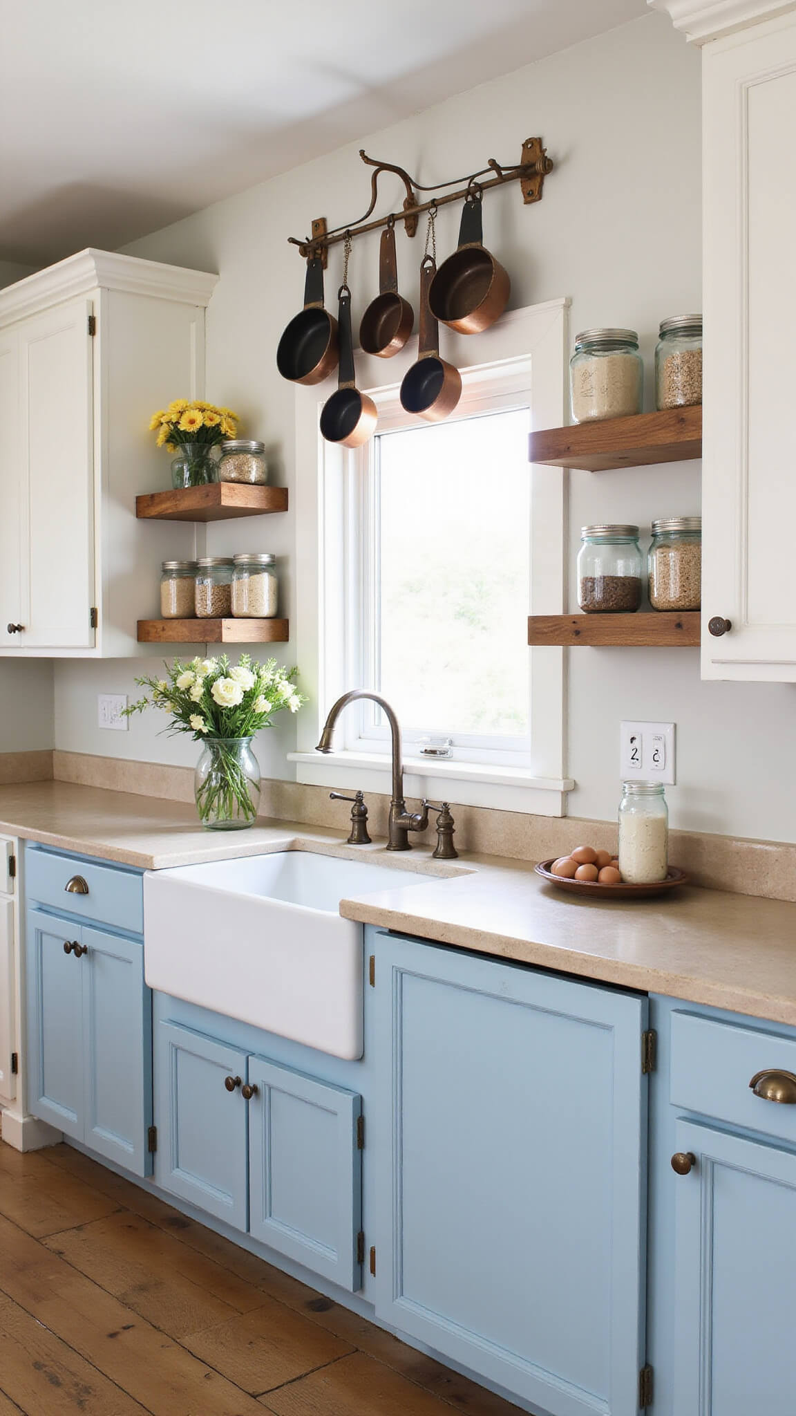 Farmhouse kitchen with sky blue lower cabinets, distressed white uppers, limestone countertops, pine floors, hanging copper pots, and rustic decor in morning light.