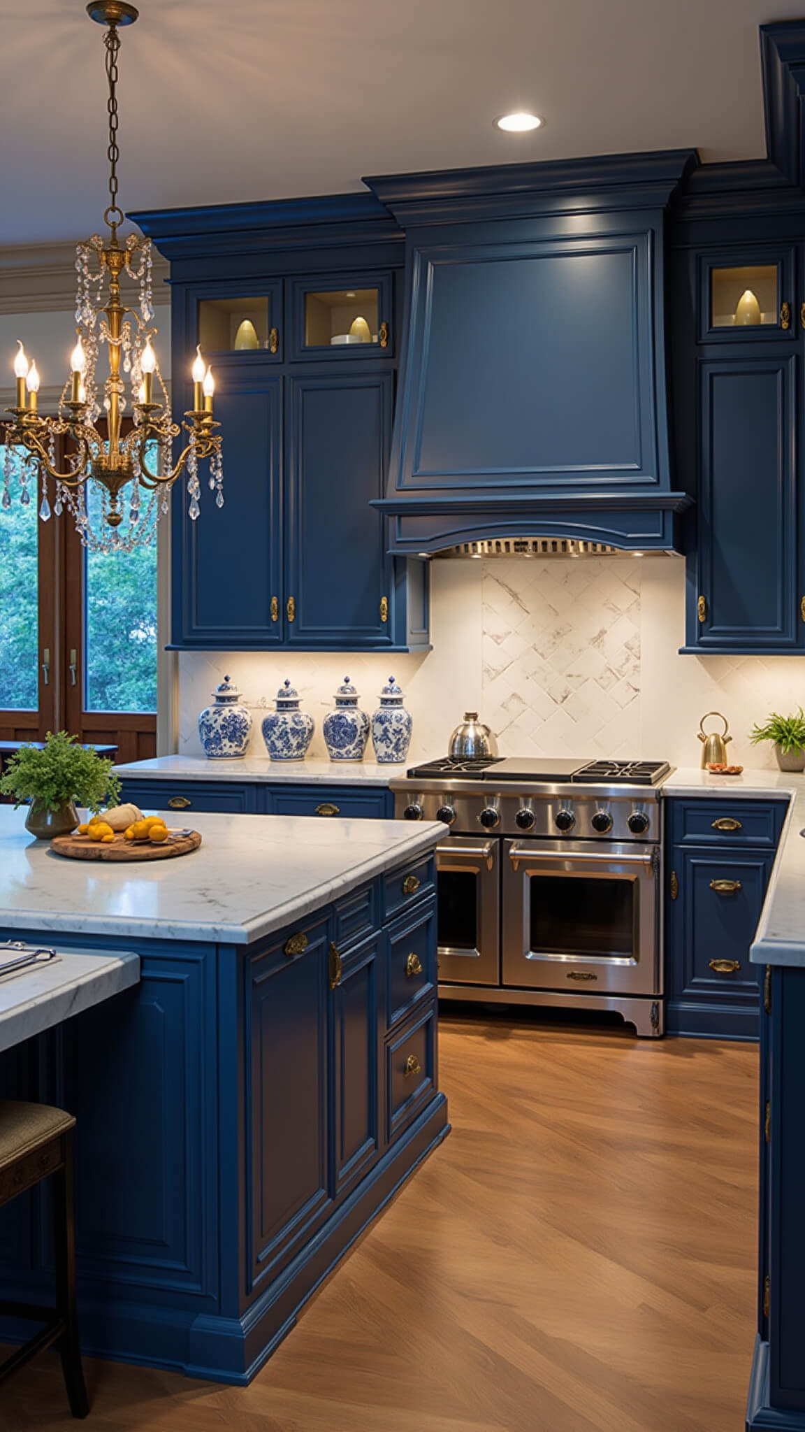 Luxurious chef's kitchen with maritime blue cabinets, Carrara marble island, stainless steel appliances, and gold accents, lit by chandelier and task lighting at twilight.