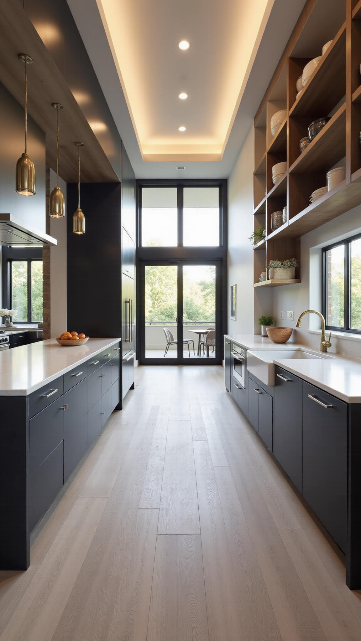 Modern minimalist kitchen with charcoal cabinets, white quartz countertops, central island, brass pendant lights, and warm afternoon sunlight streaming through large windows.