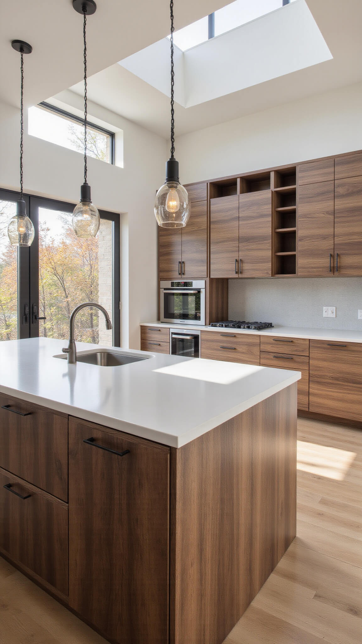 Modern open-concept kitchen with walnut cabinets, white quartz island, and afternoon sunlight streaming through large windows.