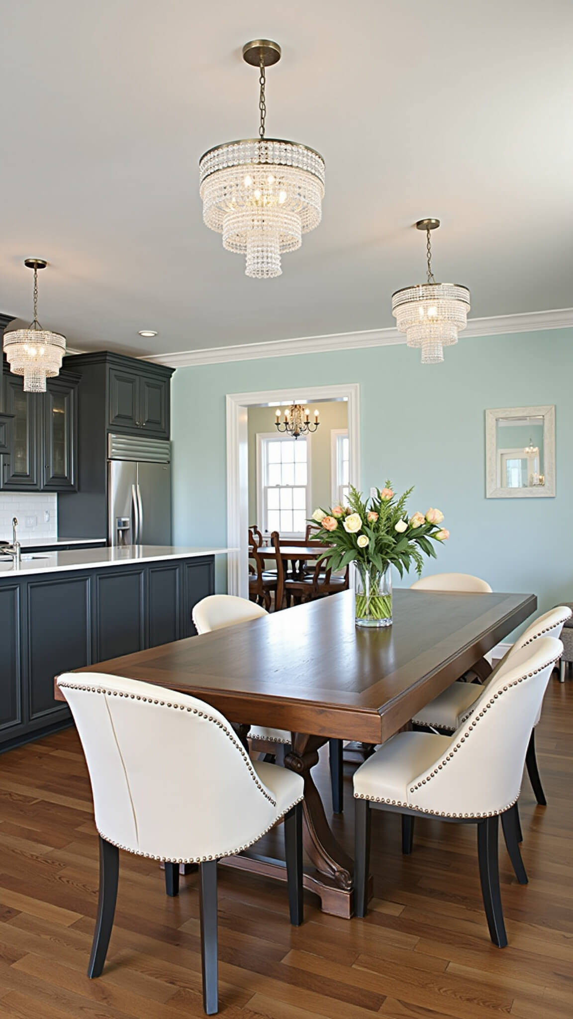 Open-concept kitchen-dining area with charcoal cabinets, white marble island, crystal chandeliers, pale blue walls, cream dining chairs, and antique hardwood floors in soft afternoon light.