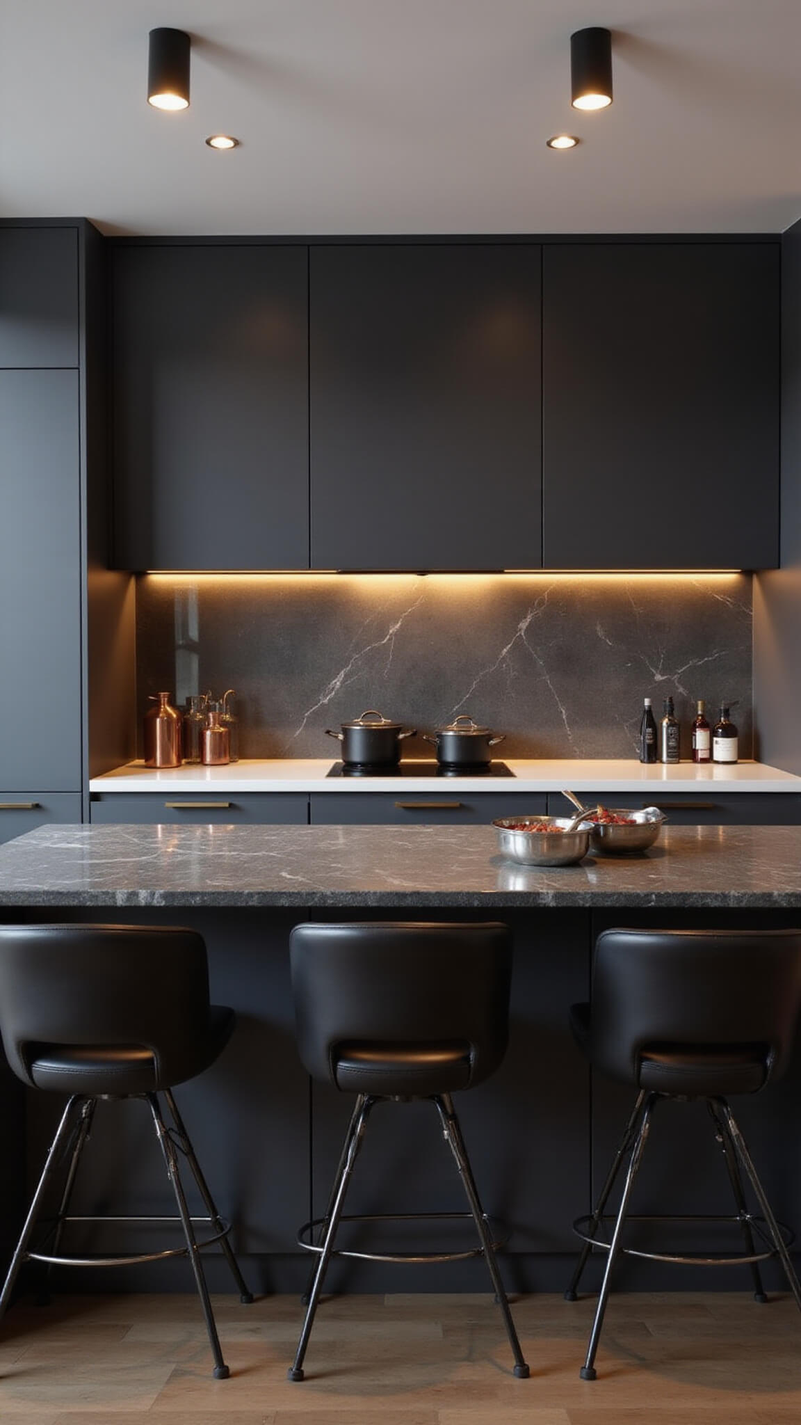 Modern 14x16ft twilight kitchen with matte charcoal cabinets, glossy white countertops, mirrored backsplash, dark marble waterfall island, copper accents, and black leather bar stools.