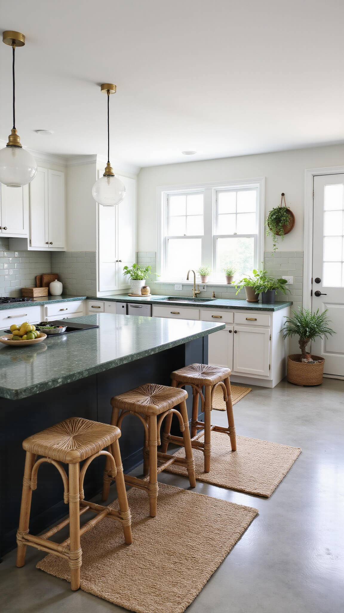 Modern sunlit kitchen-living space with charcoal and white cabinets, green marble countertops, rattan stools, and potted plants on windowsills.