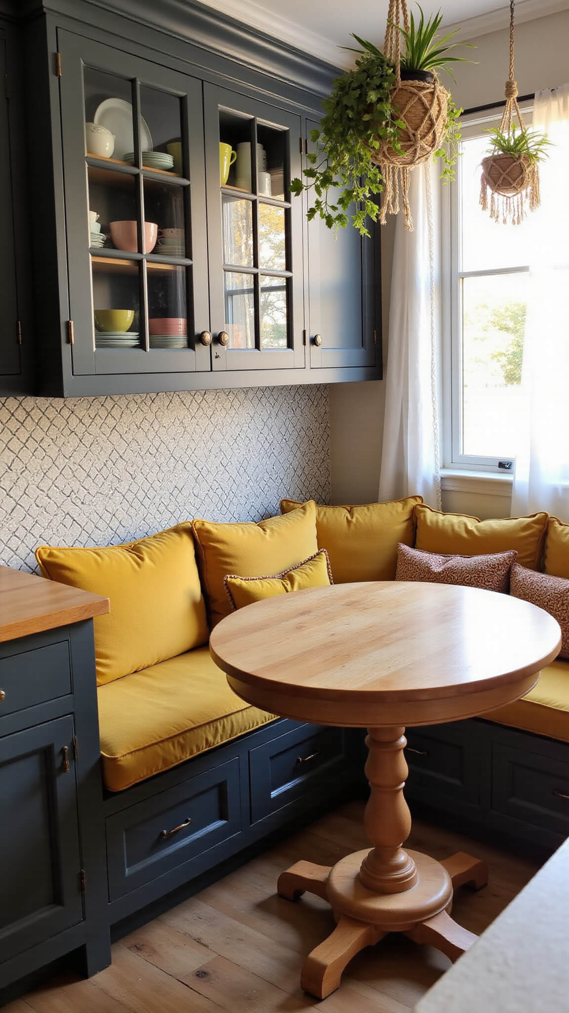 Cozy 12x14ft kitchen nook at sunrise with charcoal glass-front cabinets, colorful dishware, butcher block countertops, patterned tile backsplash, mustard yellow cushioned banquette, round table, macramé plant hangers, and golden morning light filtering through sheer curtains.