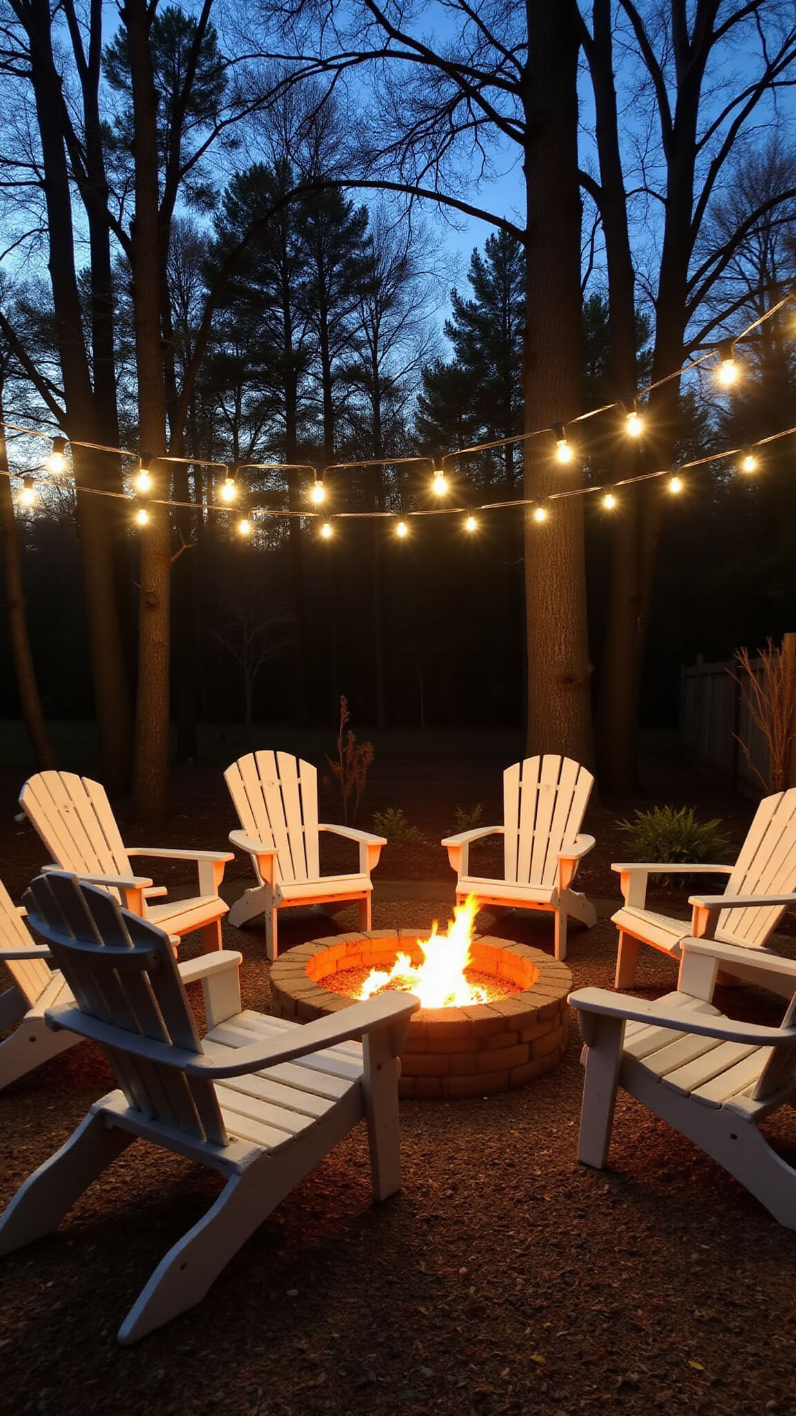 Twilight backyard scene with a glowing cinder block fire pit surrounded by Adirondack chairs in a circle, overhead string lights, and gravel ground covered in pine needles.