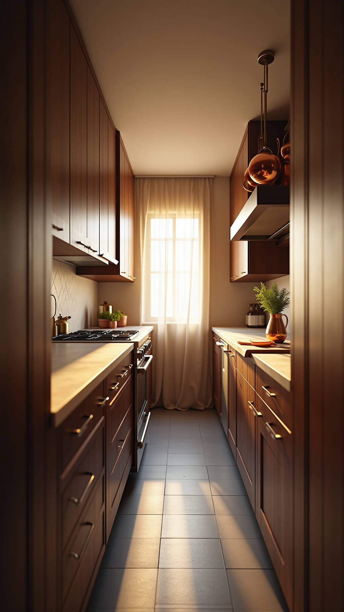 Warm dawn light in a cozy galley kitchen with walnut cabinets, butcher block island, and hanging copper pots.