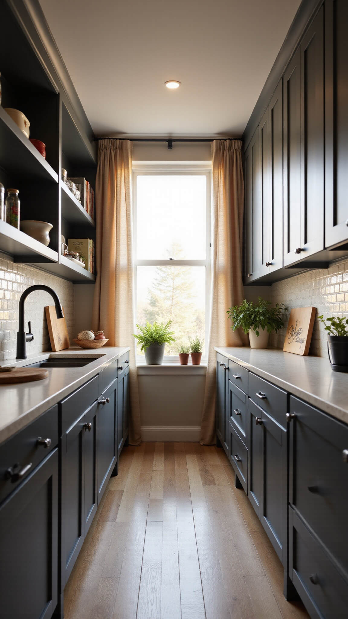 Modern galley kitchen with charcoal gray cabinets, cream quartz countertops, and matte black hardware, bathed in golden hour light through sheer curtains.