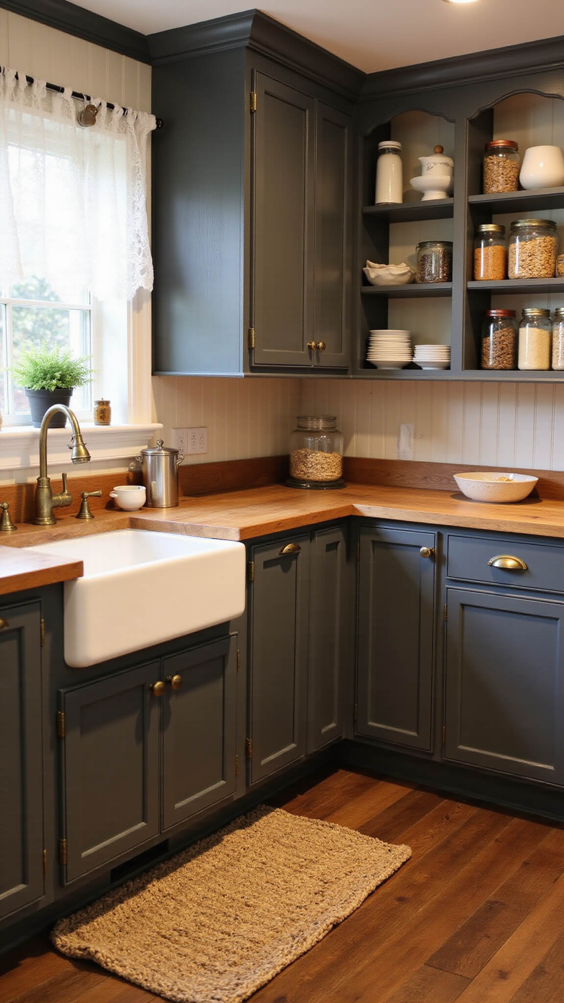 Cozy cottage kitchen with gray beadboard cabinets, butcher block counters, farmhouse sink, lace curtains, and warm twilight lighting.