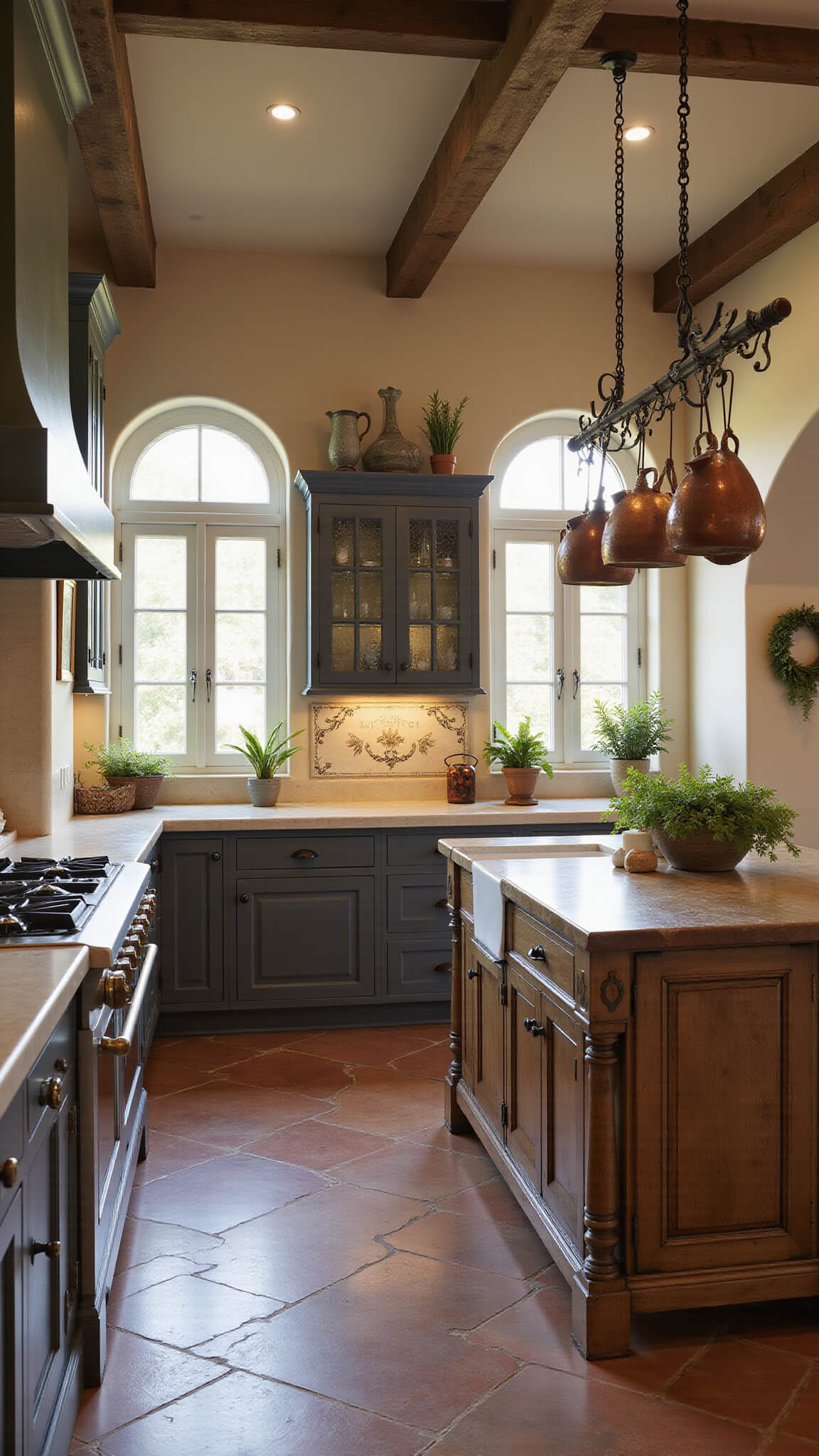 Mediterranean-style kitchen with terracotta floors, arched doorways, charcoal gray cabinets, cream stone countertops, rustic wood island, copper pots, and dried herbs in warm afternoon light.
