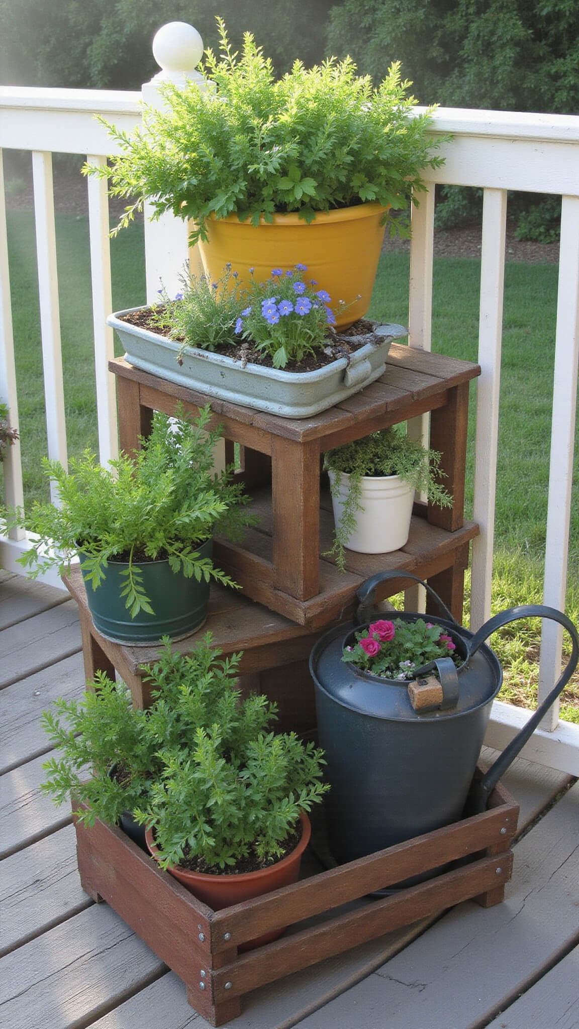 Eclectic container garden with upcycled planters on a weathered wooden deck, bathed in 9am morning light with cool mist and lush herbs and flowers cascading across three tiers.