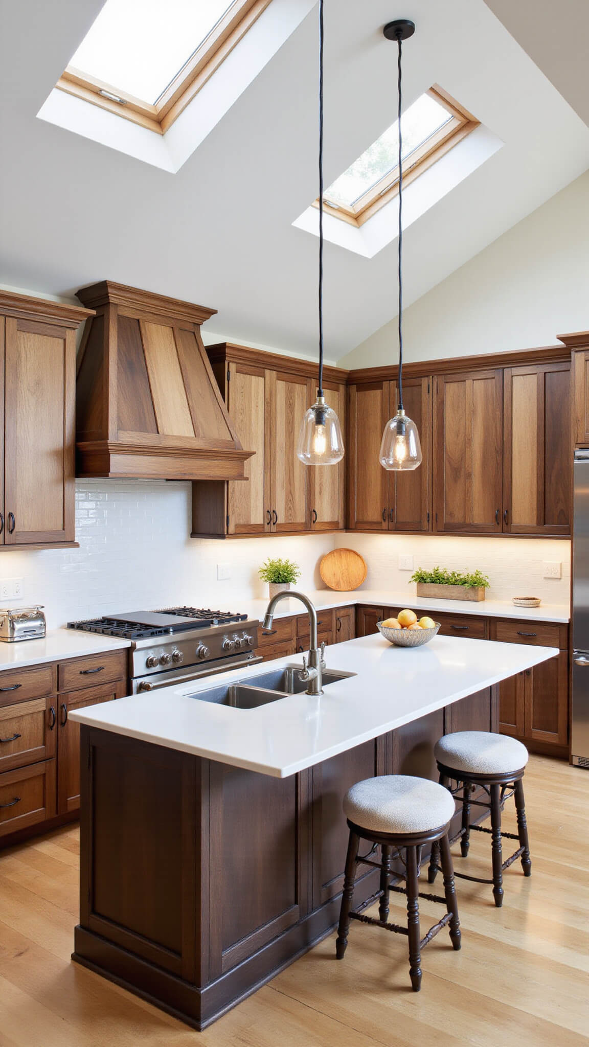 Bird's-eye view of a bright transitional kitchen with skylights, walnut cabinets in varied tones, white subway tile backsplash, farmhouse sink, and vintage glass pendant lights over a central island with turned legs.