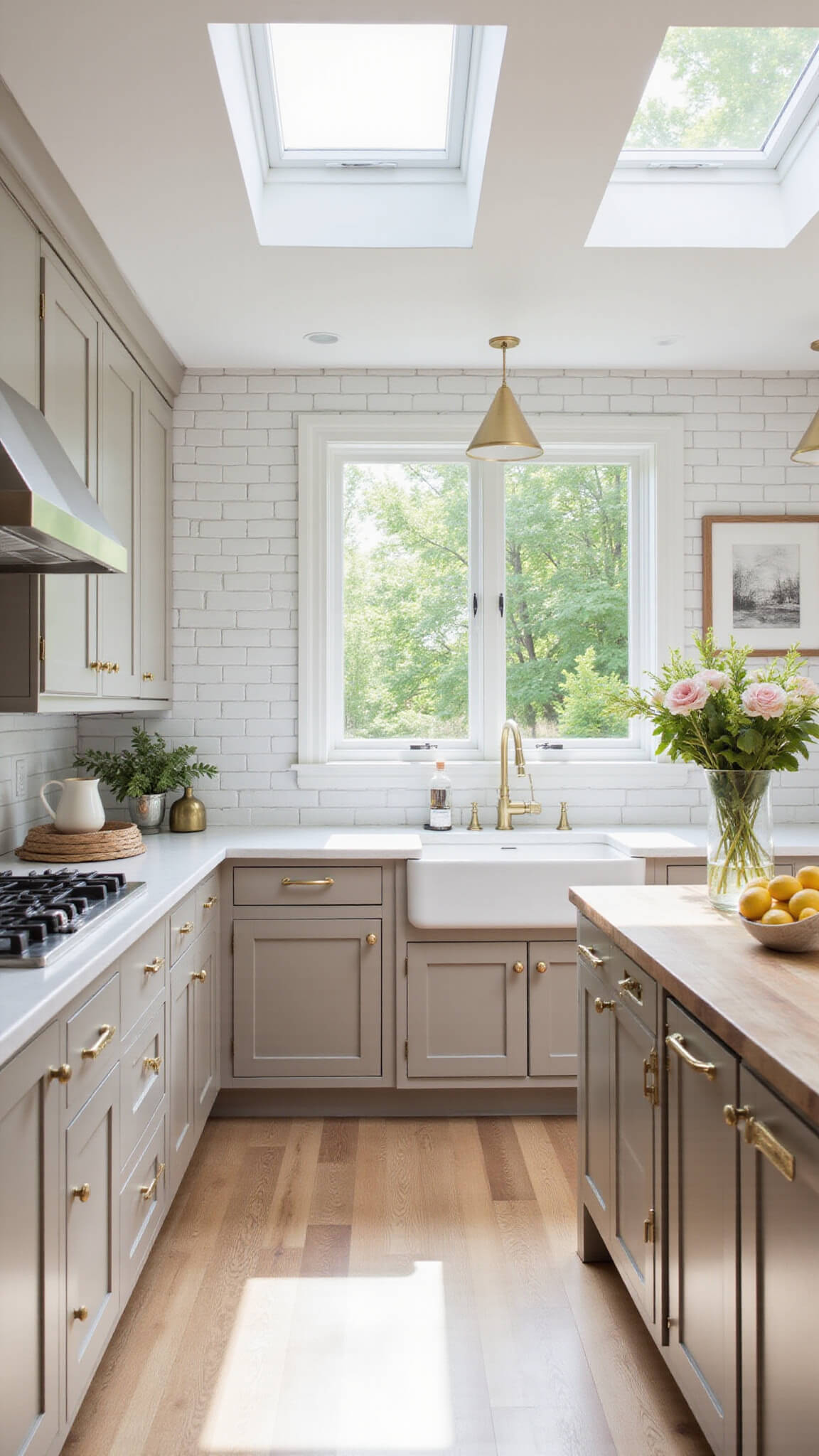 Bright 11x13 ft kitchen with taupe cabinets, white quartz countertops, subway tile backsplash, brushed gold accents, and natural light from skylights and large window.