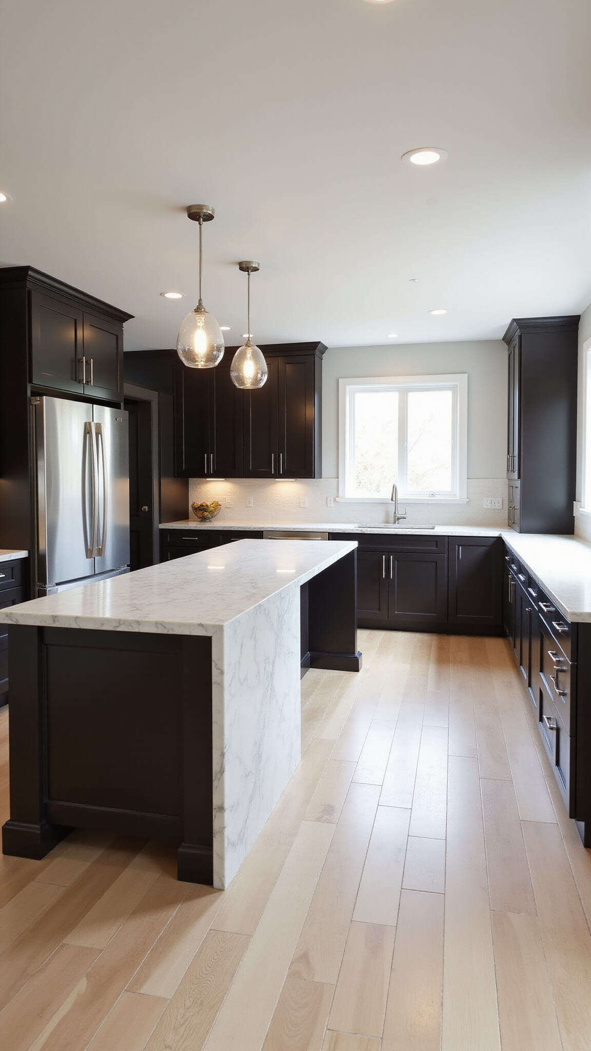 Spacious modern kitchen with dark espresso cabinets, white quartz waterfall island, stainless steel appliances, and early morning sunlight streaming through large windows.