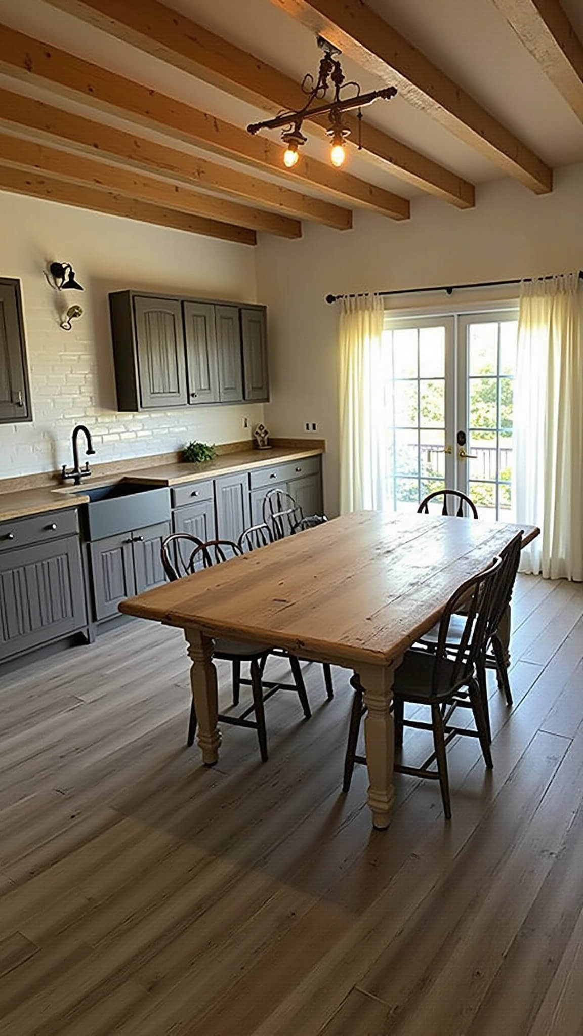 Open-concept kitchen-dining space with charcoal gray cabinets, farmhouse sink, and large wooden table under warm golden hour light.