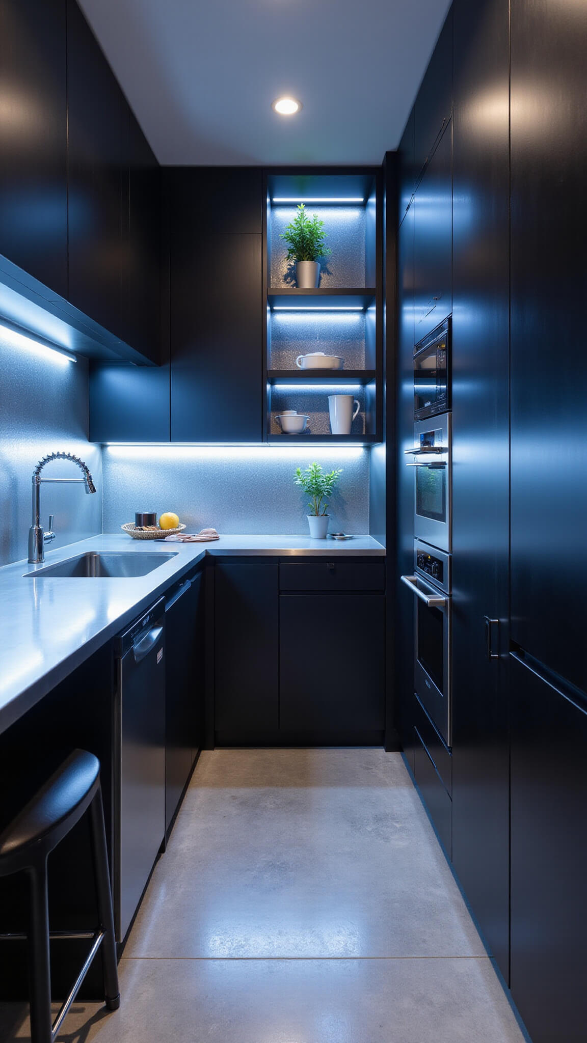 Modern galley kitchen with black high-gloss cabinets, stainless steel countertops, metallic backsplash, LED lighting, and concrete floors viewed from a low angle.