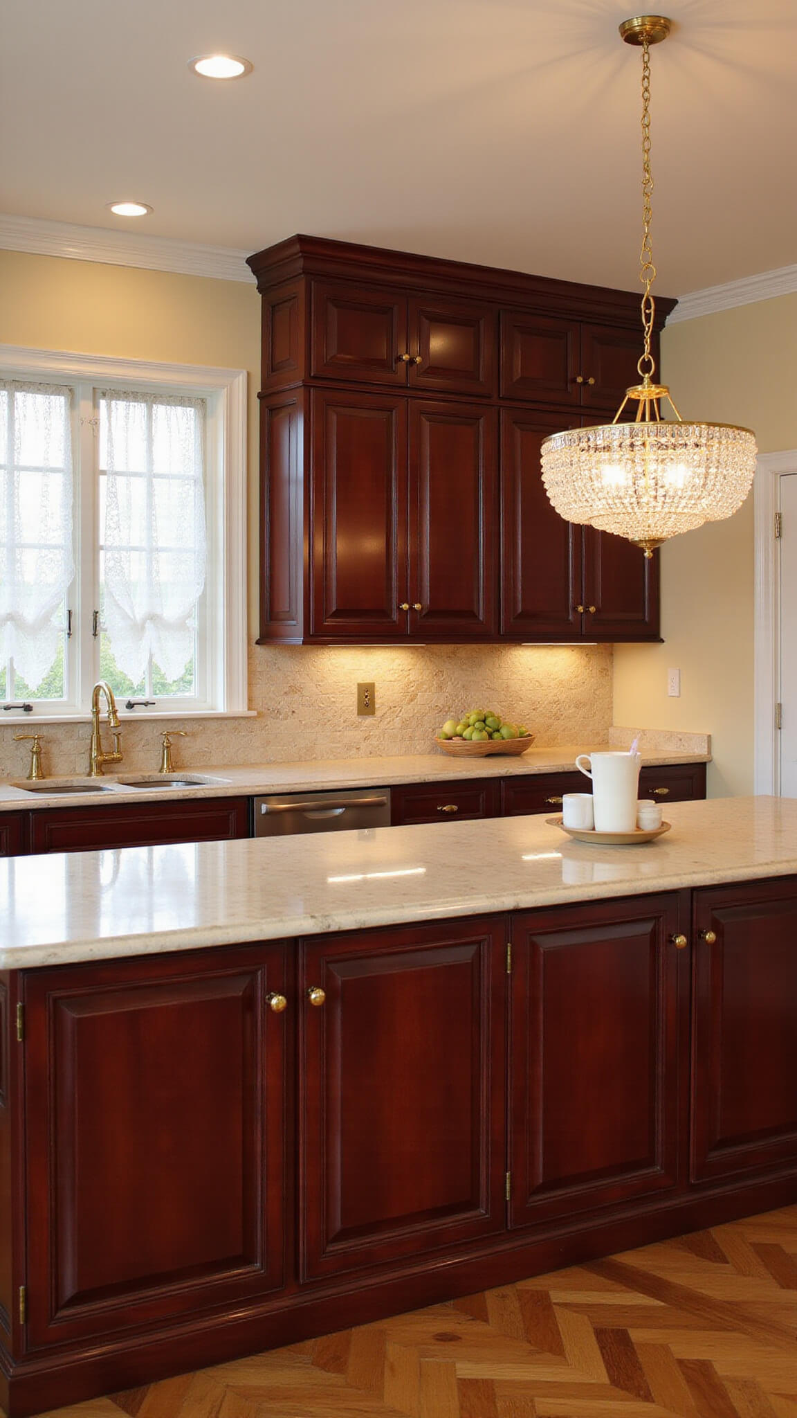 Elegant traditional kitchen with dark cherry cabinets, cream marble countertops, brass hardware, and lace-curtained windows in warm afternoon light.
