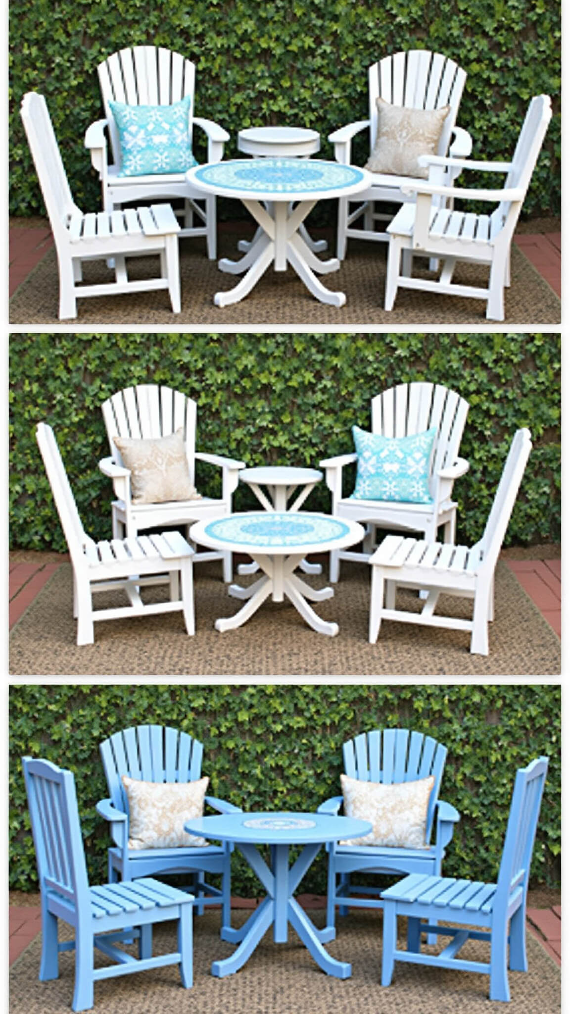 Thrifted outdoor furniture painted in coastal blues and whites around a round mosaic table, mismatched chairs unified by color, with handwoven pillows, jute rug, and jasmine-covered wall in afternoon light.