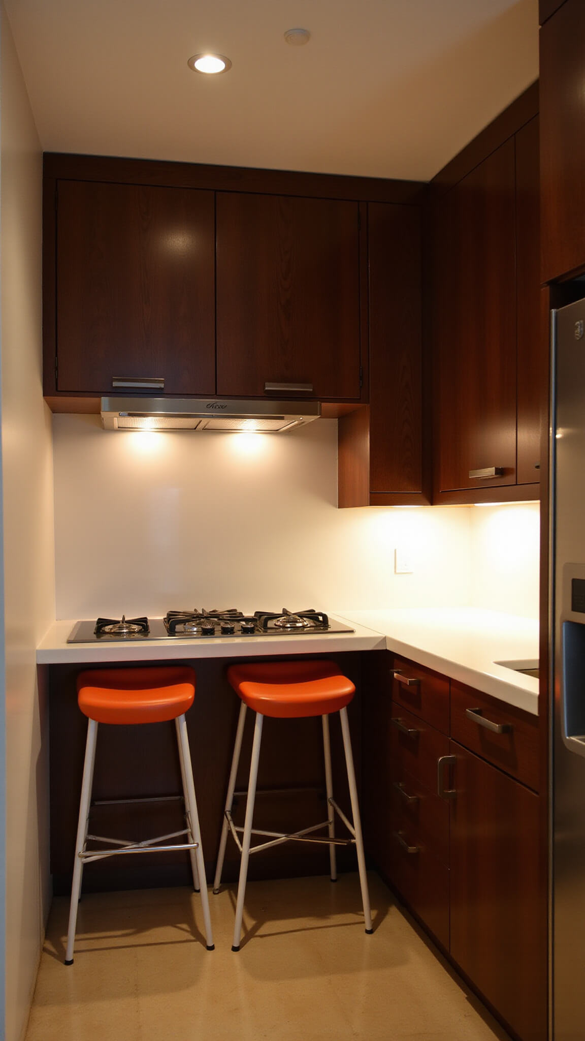 Compact 10x12ft urban kitchen at twilight with warm LED lighting, walnut cabinets, glossy white surfaces, and colorful bar stools under a narrow peninsula.