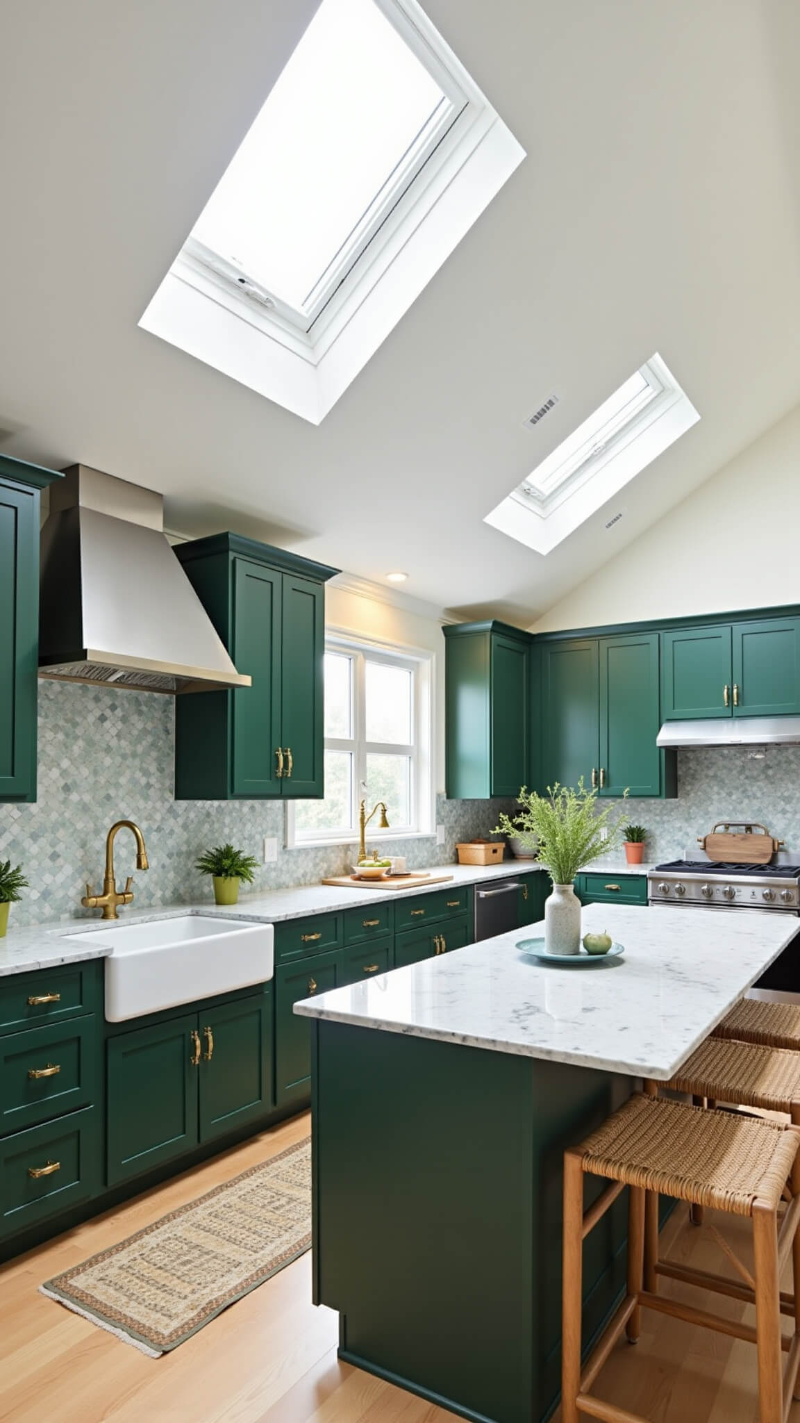 A bright, airy kitchen with forest green cabinets, skylights, and vaulted ceilings, viewed from above.
