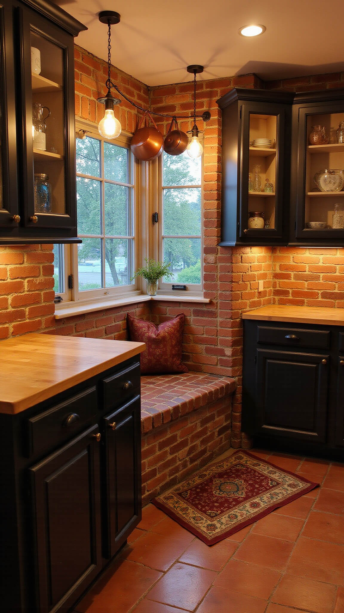 Cozy 12x14 kitchen with deep espresso cabinets, butcher block counters, bay window nook, brick backsplash, and copper pots hanging under warm Edison bulb lighting.