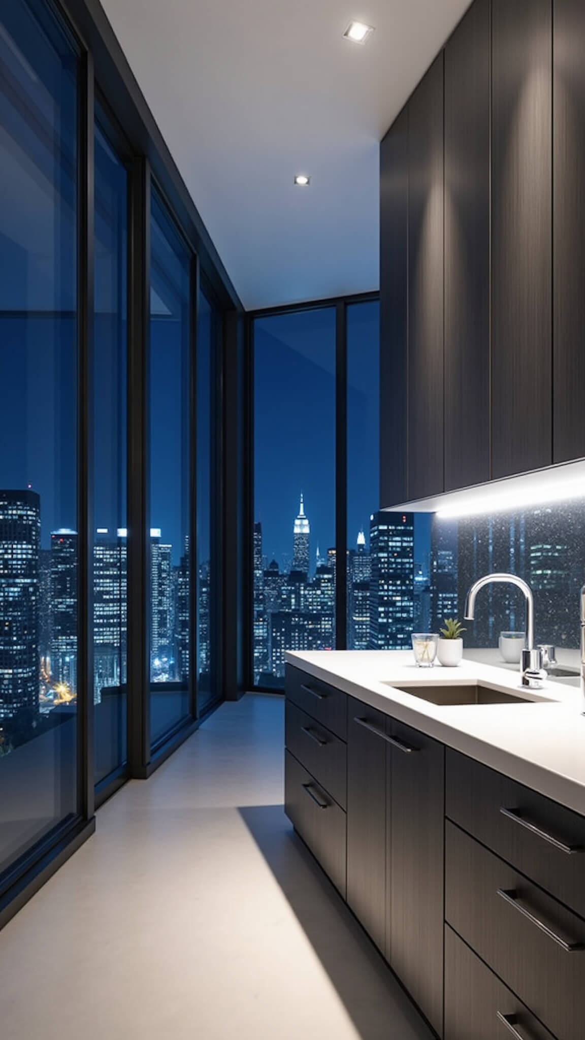 Modern 16x20 ft kitchen with charcoal gray cabinets, white Corian countertops, mirrored backsplash, chrome appliances, and a city skyline visible through floor-to-ceiling windows at night.