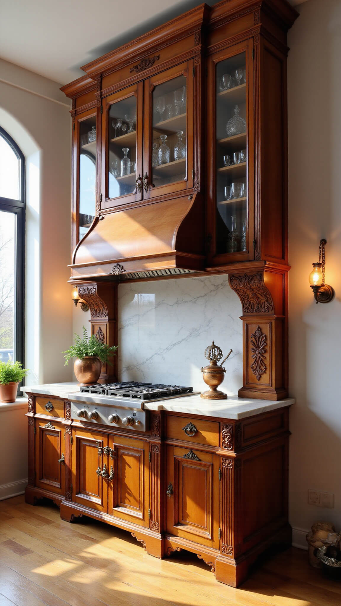Luxurious chef's kitchen with grand Victorian mahogany bar cabinet, copper accents, and golden hour lighting.