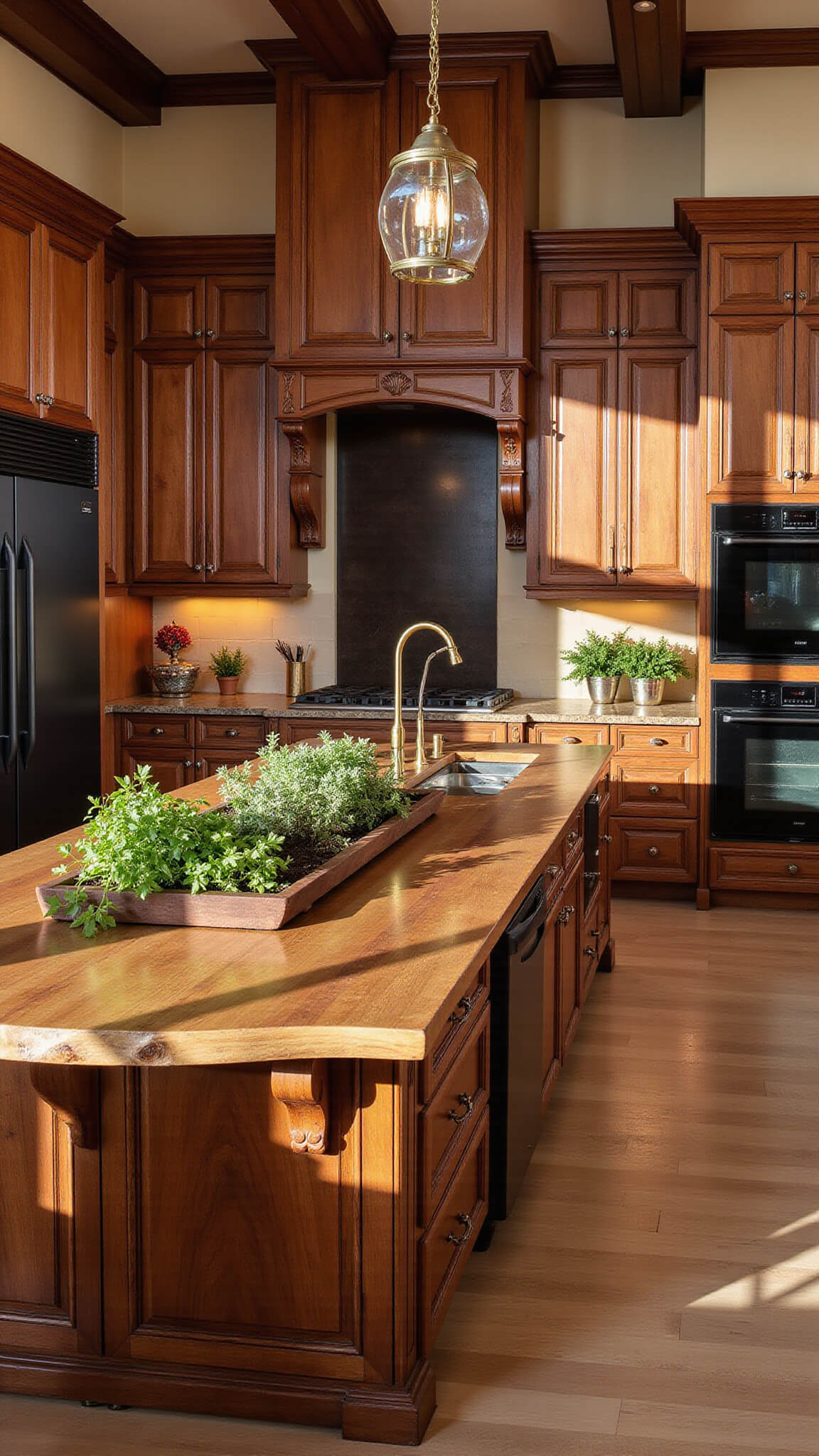 Luxurious chef's kitchen with custom walnut cabinets, live-edge island, herb garden, and dramatic golden hour lighting.